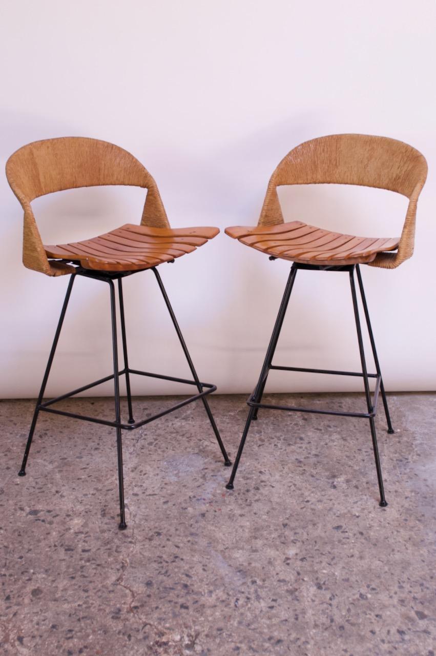 Painted Set of Two Rush and Iron Swiveling Stools by Arthur Umanoff, Five Available