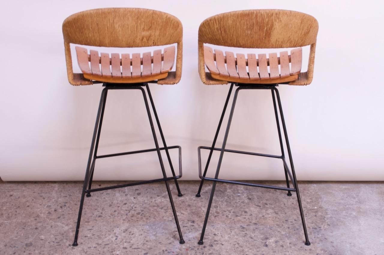 Set of Two Rush and Iron Swiveling Stools by Arthur Umanoff, Five Available 1