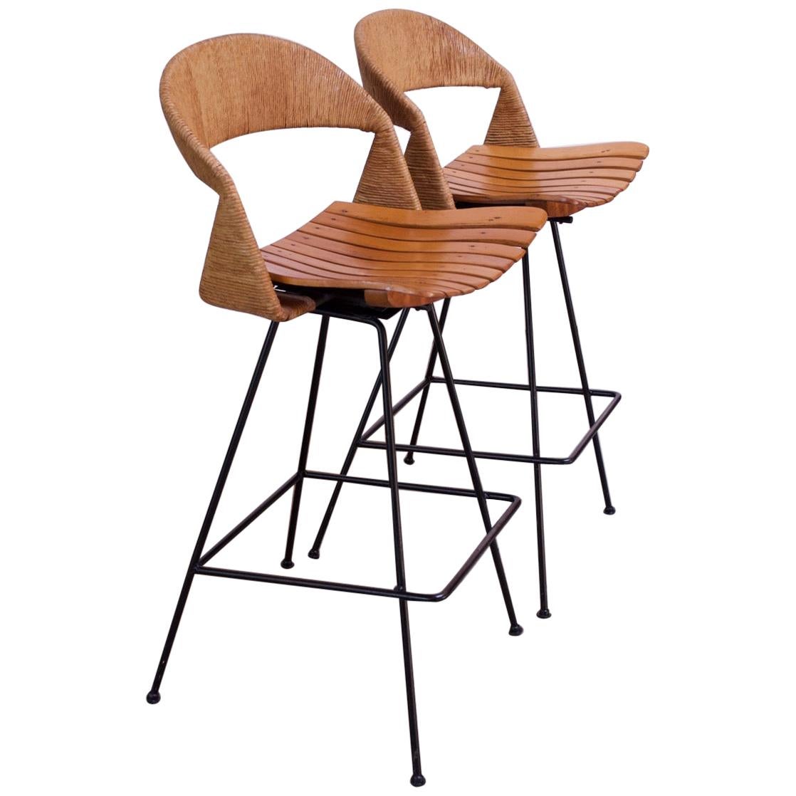 Set of Two Rush and Iron Swiveling Stools by Arthur Umanoff, Five Available