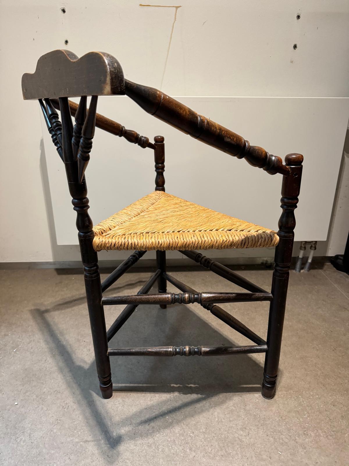 European Set of Two Rush Seat Knitting Armchairs, Triangular Corner Chairs For Sale