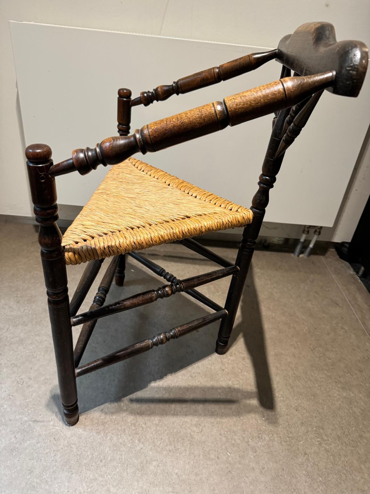Oak Set of Two Rush Seat Knitting Armchairs, Triangular Corner Chairs For Sale