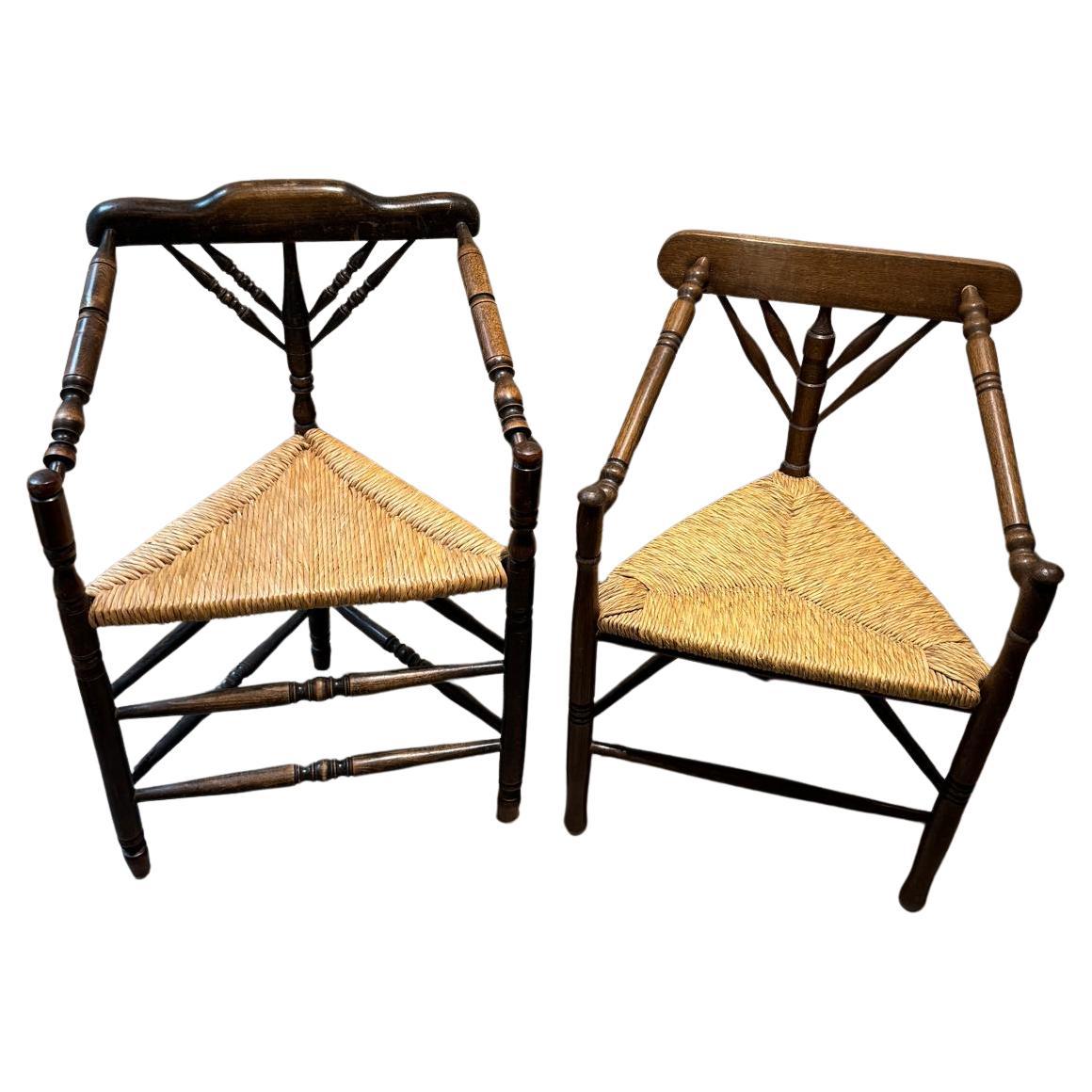 Set of Two Rush Seat Knitting Armchairs, Triangular Corner Chairs For Sale