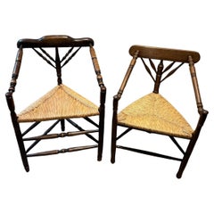 Set of Two Rush Seat Knitting Armchairs, Triangular Corner Chairs