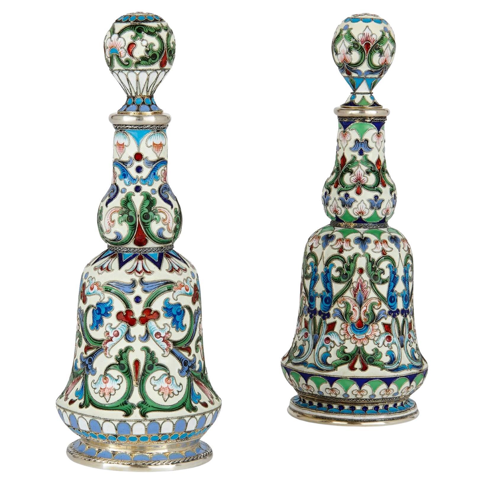 Set of Two Russian Silver Gilt and Cloisonne Enamel Scent Bottles For Sale