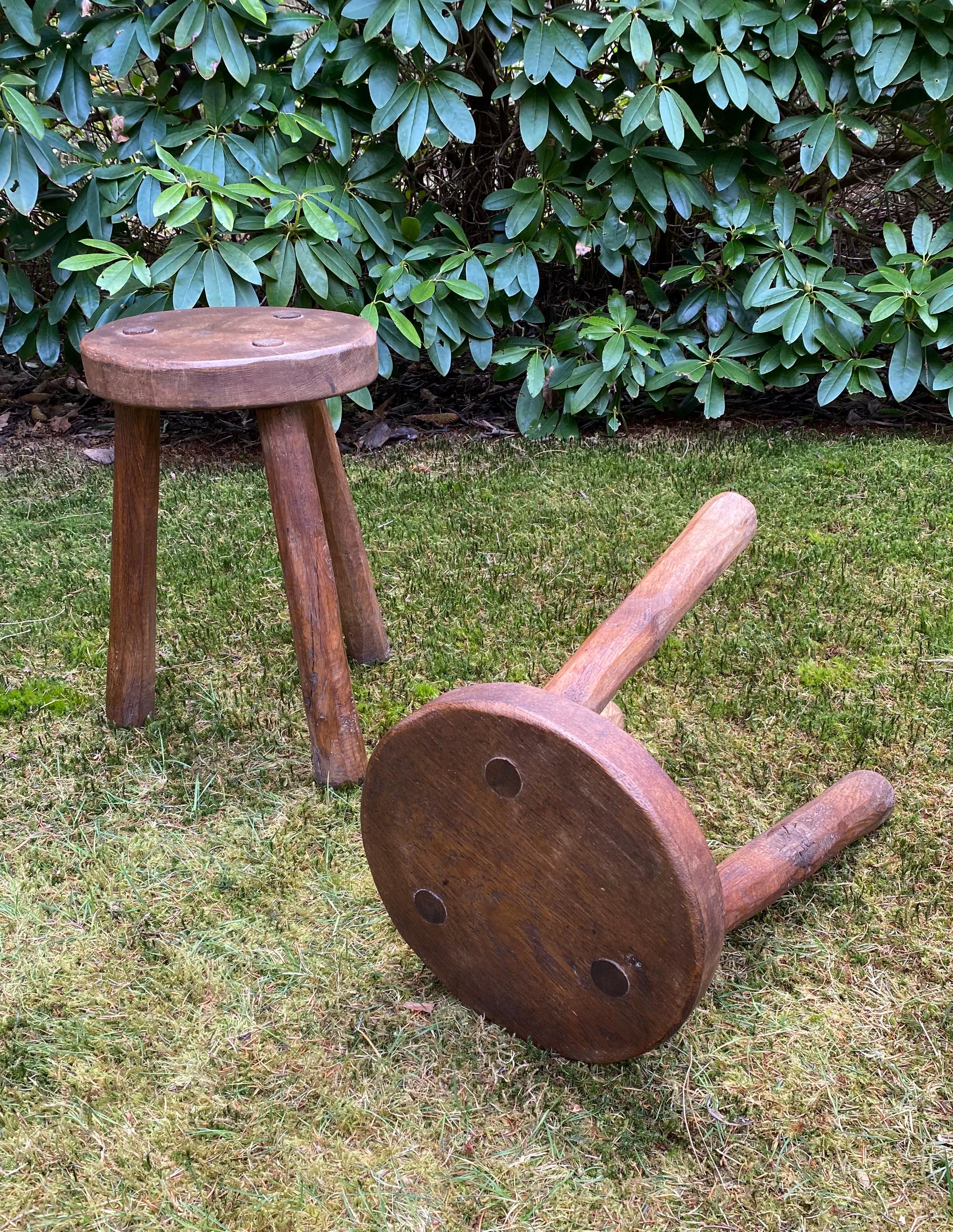 Set of two Rustic Bohemian French Milking stools In Oak, ca. 1950s 6