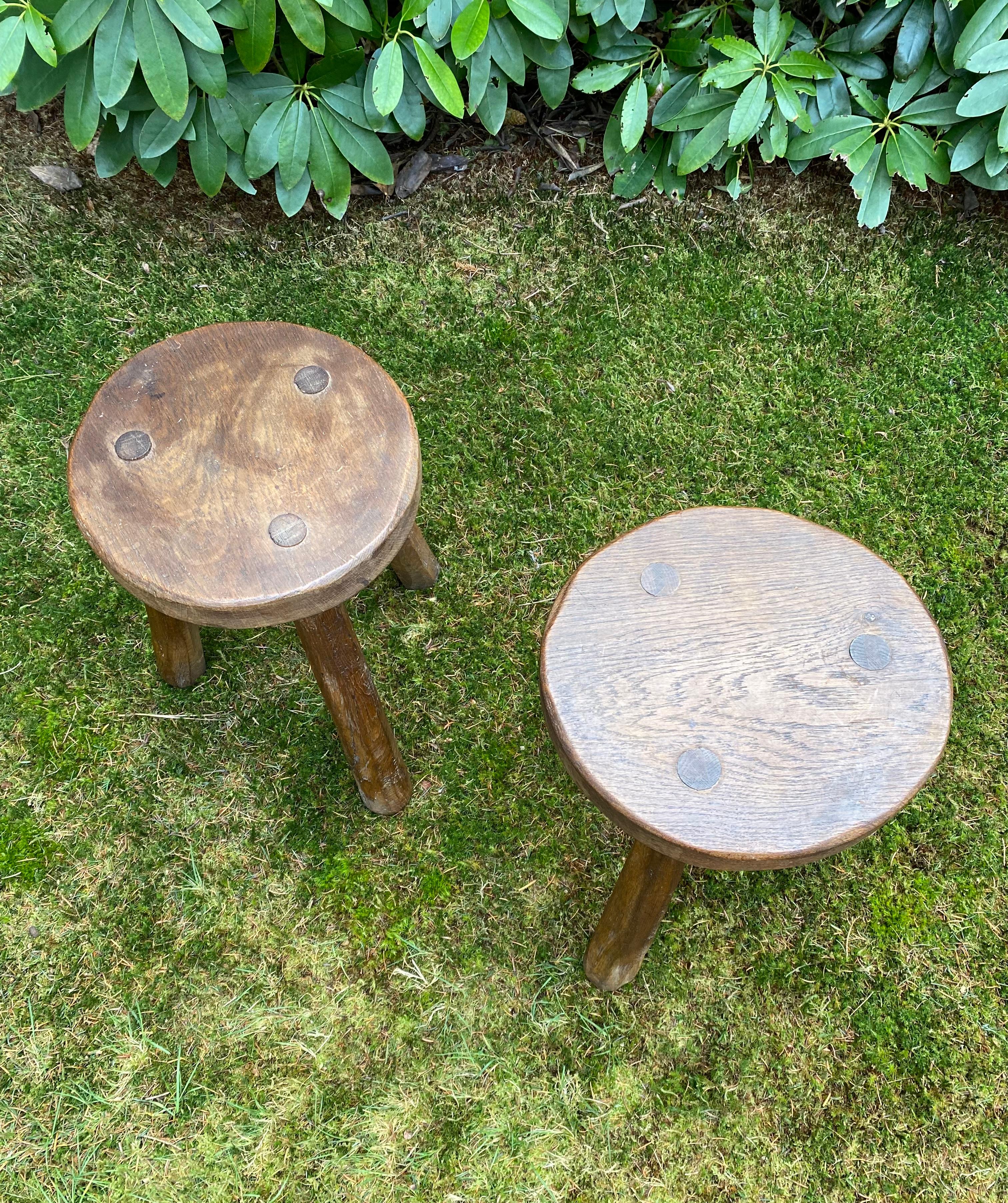 Set of two Rustic Bohemian French Milking stools In Oak, ca. 1950s 7