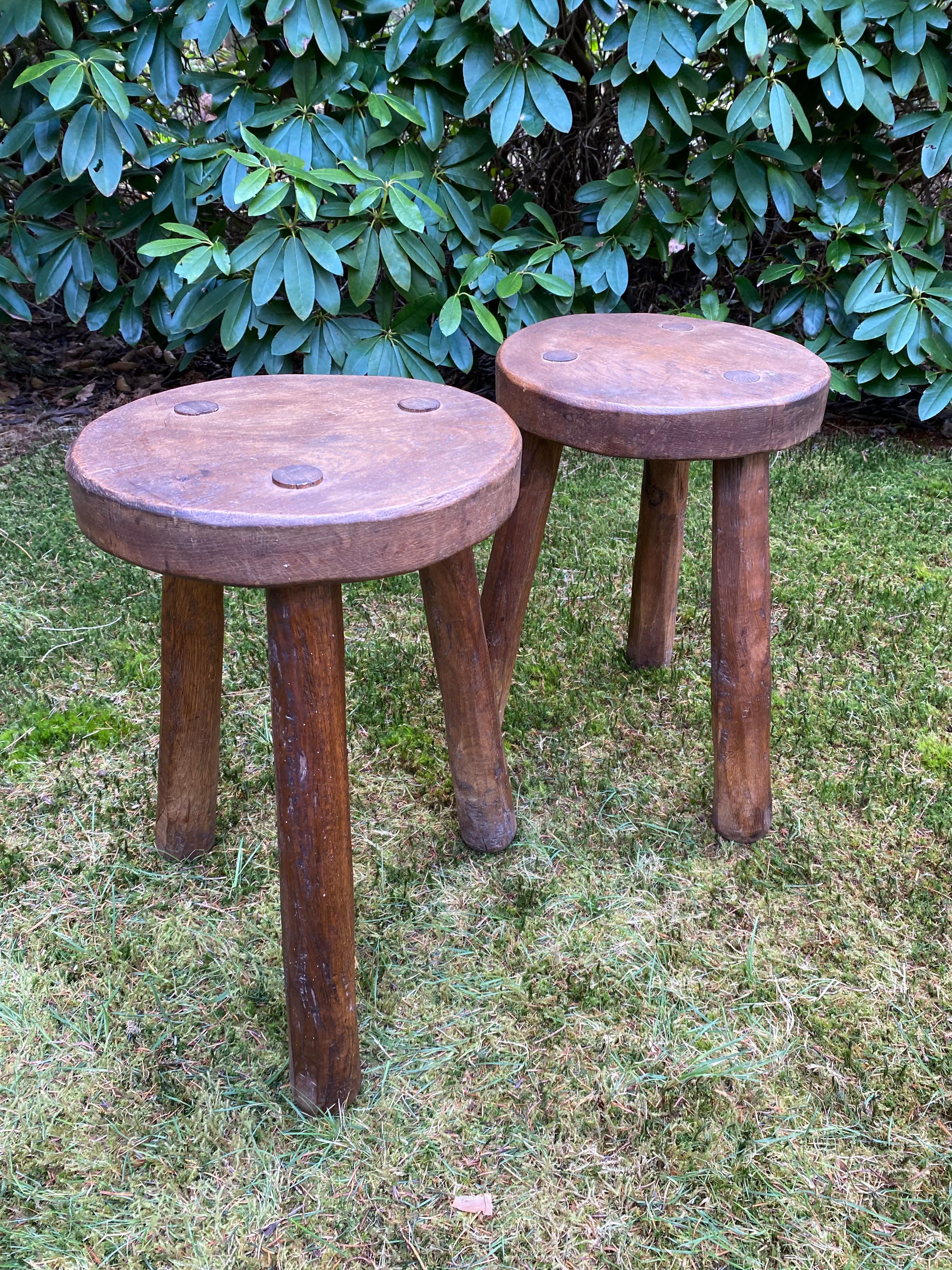 20th Century Set of two Rustic Bohemian French Milking stools In Oak, ca. 1950s
