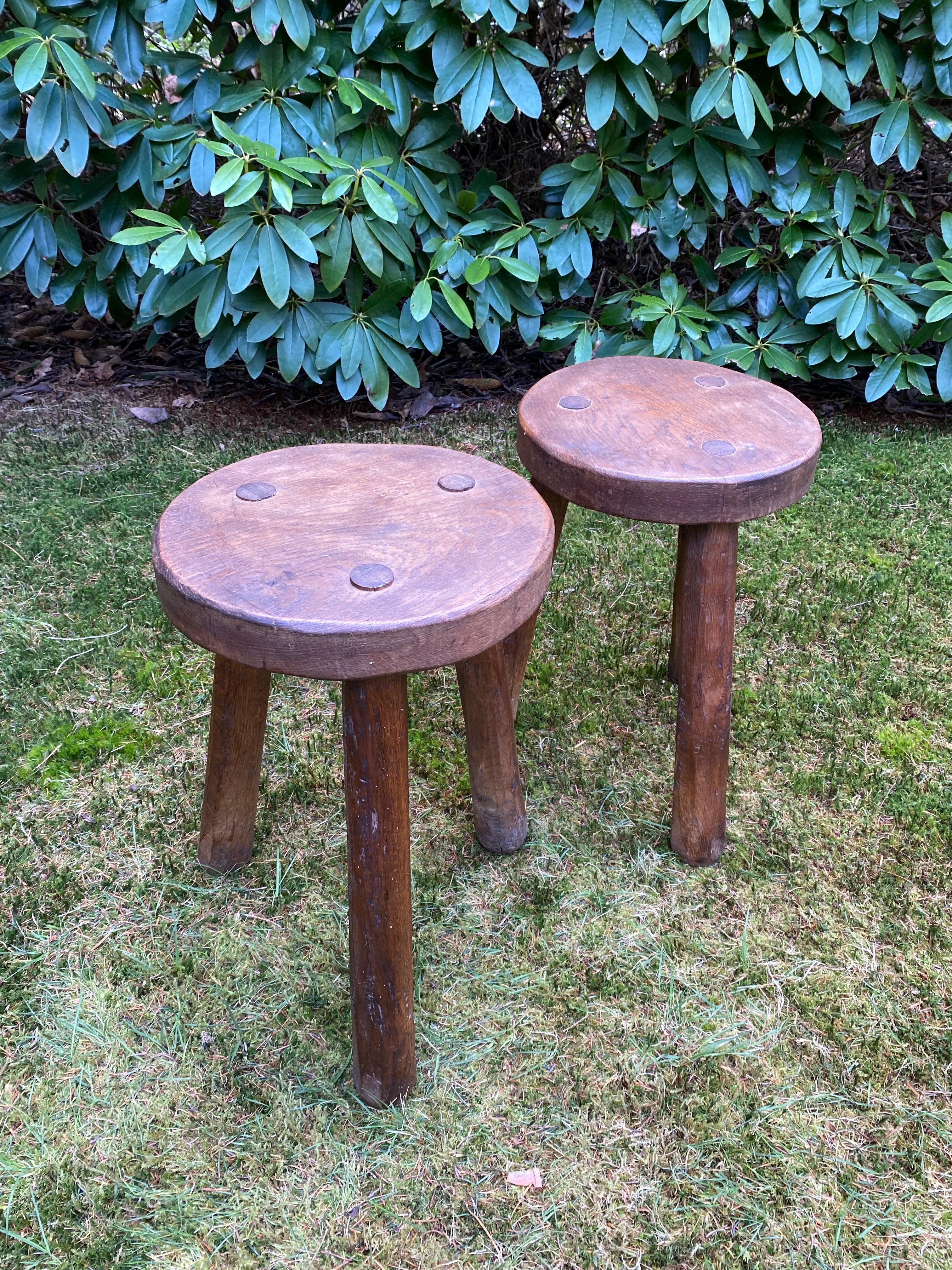 Set of two Rustic Bohemian French Milking stools In Oak, ca. 1950s 1