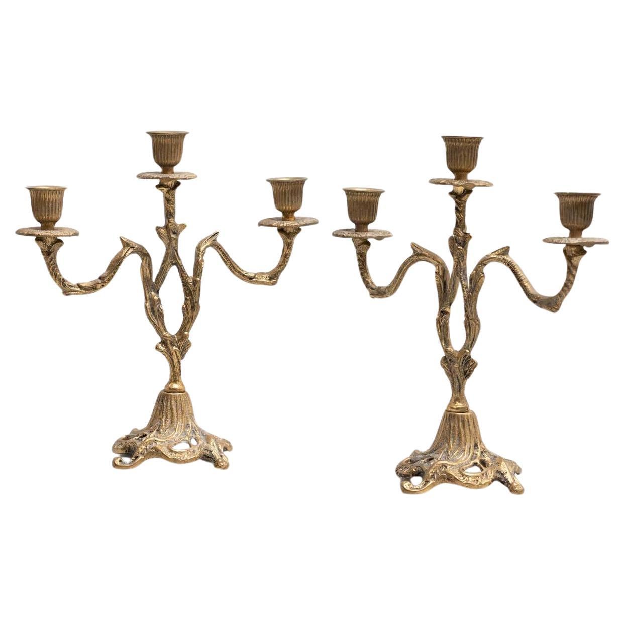 Set of Two Rustic Brass Candle Holders, circa 1940