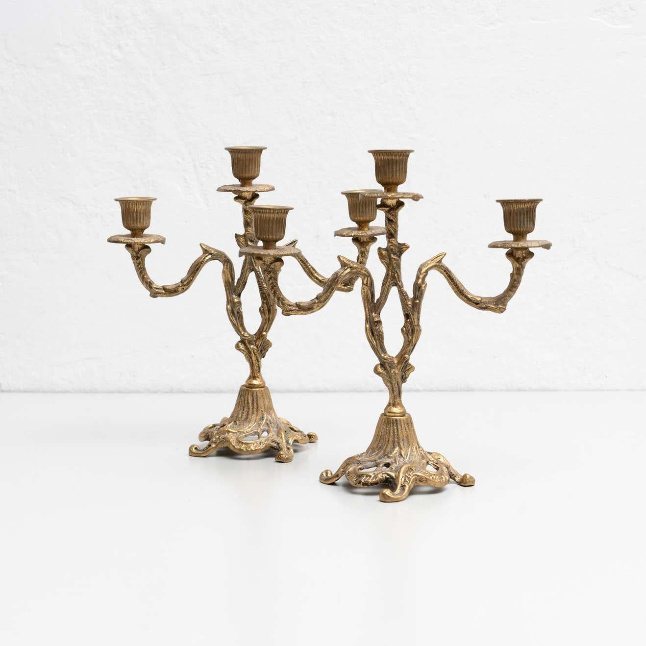 Other Set of Two Rustic Brass Candle Holders, circa 1950 For Sale