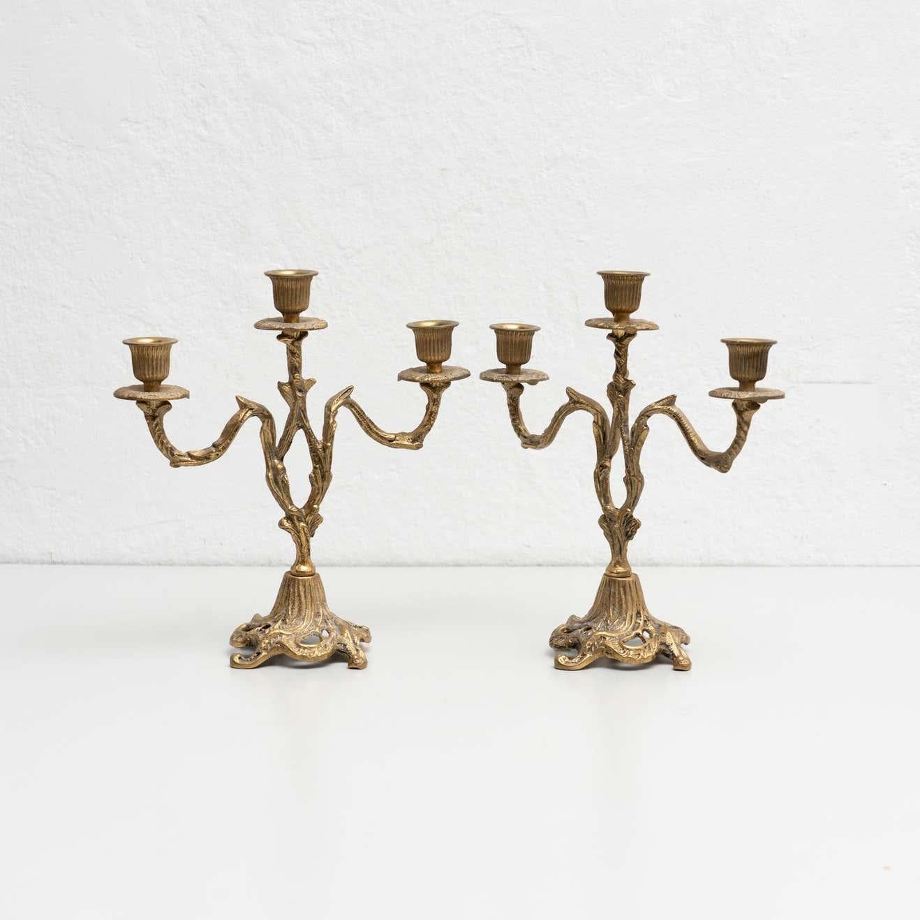 Spanish Set of Two Rustic Brass Candle Holders, circa 1950 For Sale