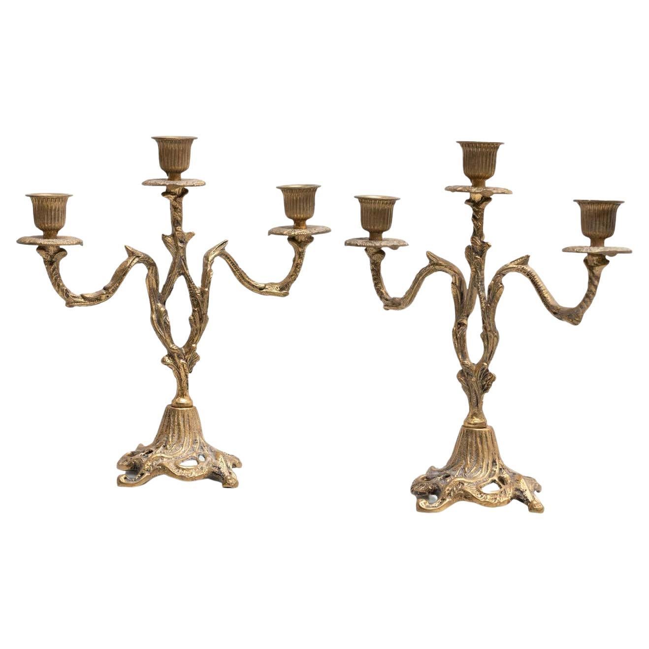 Set of Two Rustic Brass Candle Holders, circa 1950 For Sale