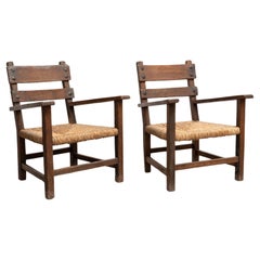 Vintage Set of Two Rustic Early 20th Century Armchairs in Solid Wood and Rattan