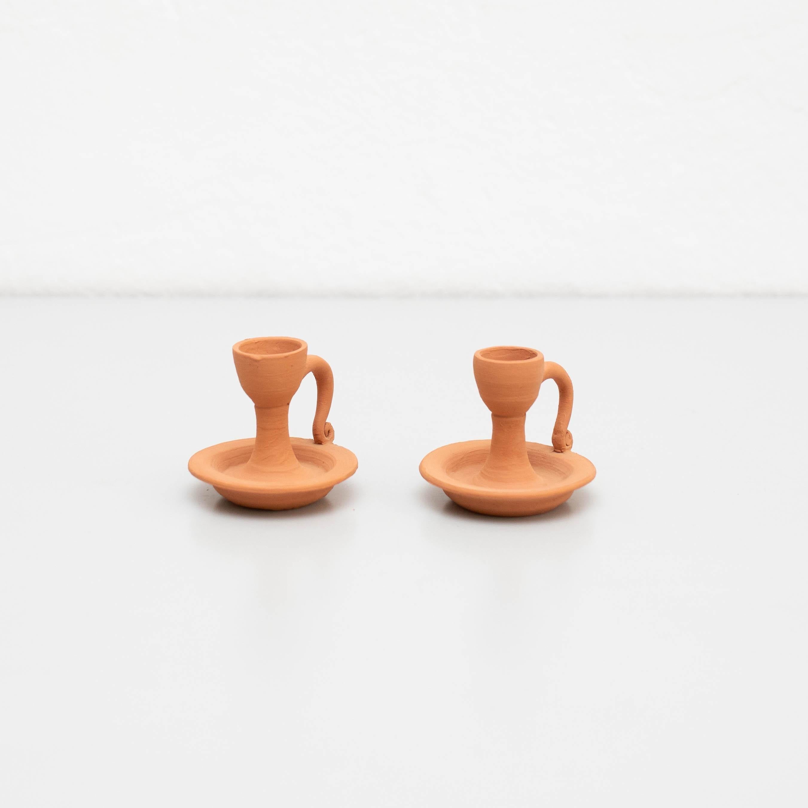 Set of Two Rustic Earthenware Candle Holders, Spain, circa 1960 For Sale 5