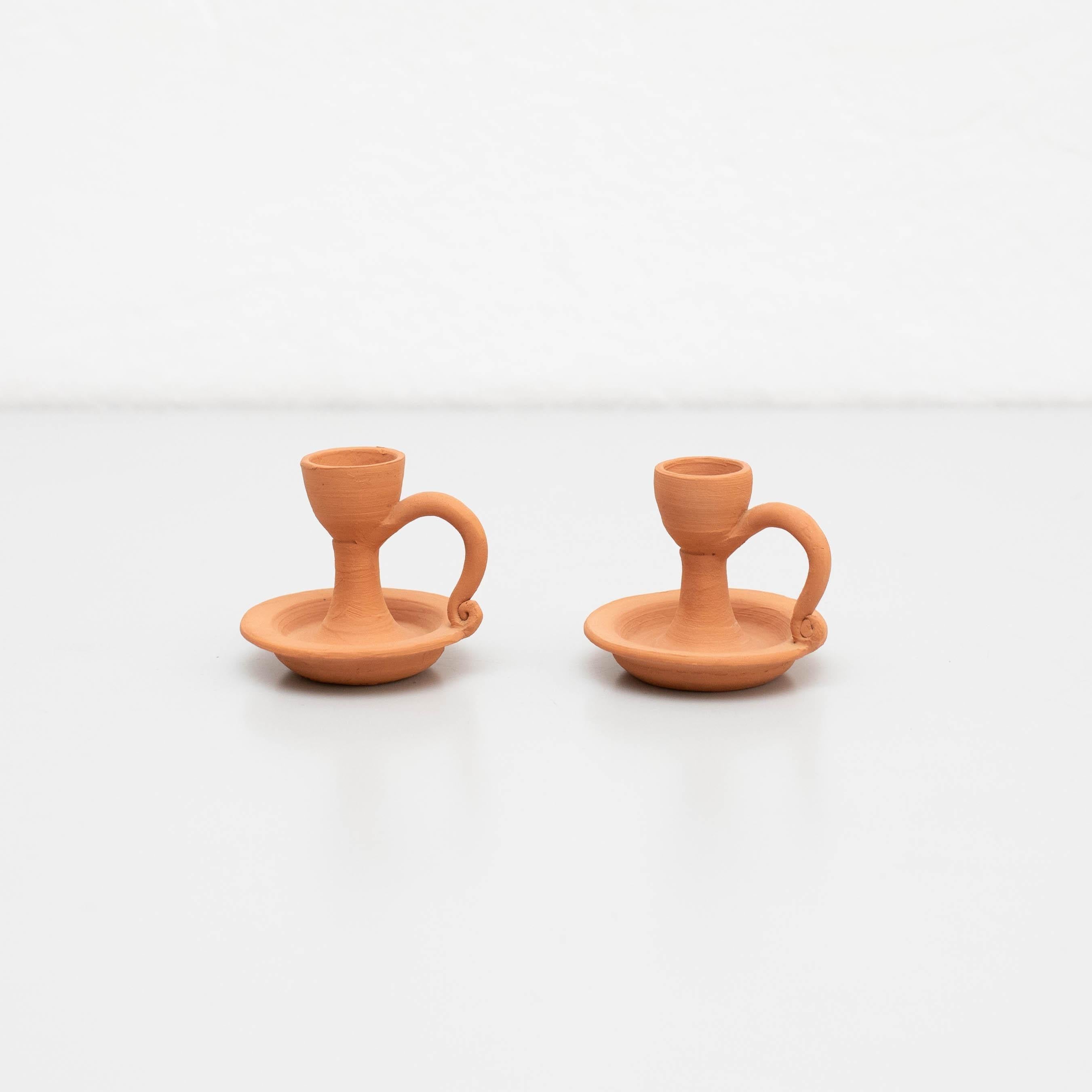Set of Two Rustic Earthenware Candle Holders, Spain, circa 1960 For Sale 6