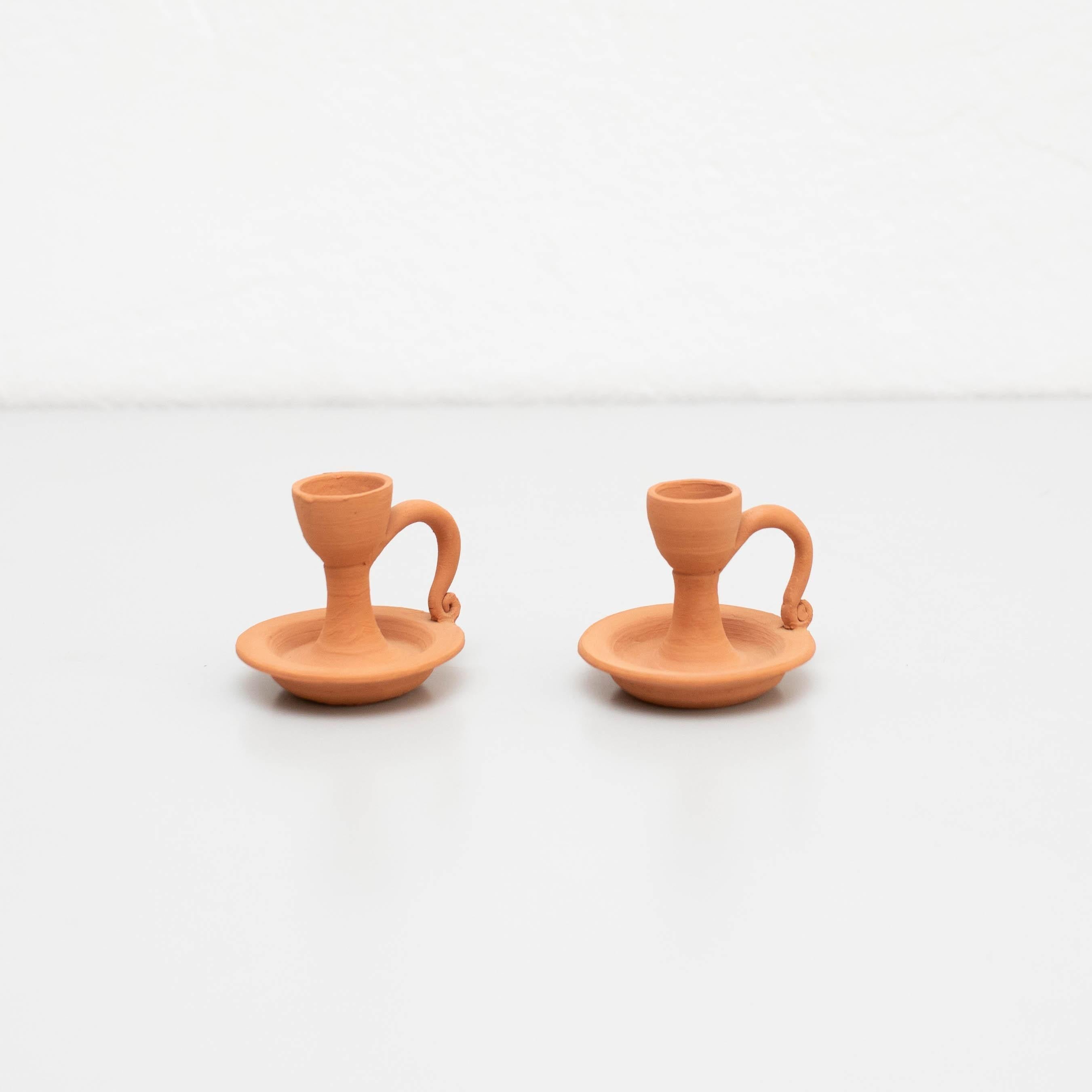 Set of Two Rustic Earthenware Candle Holders, Spain, circa 1960 For Sale 7