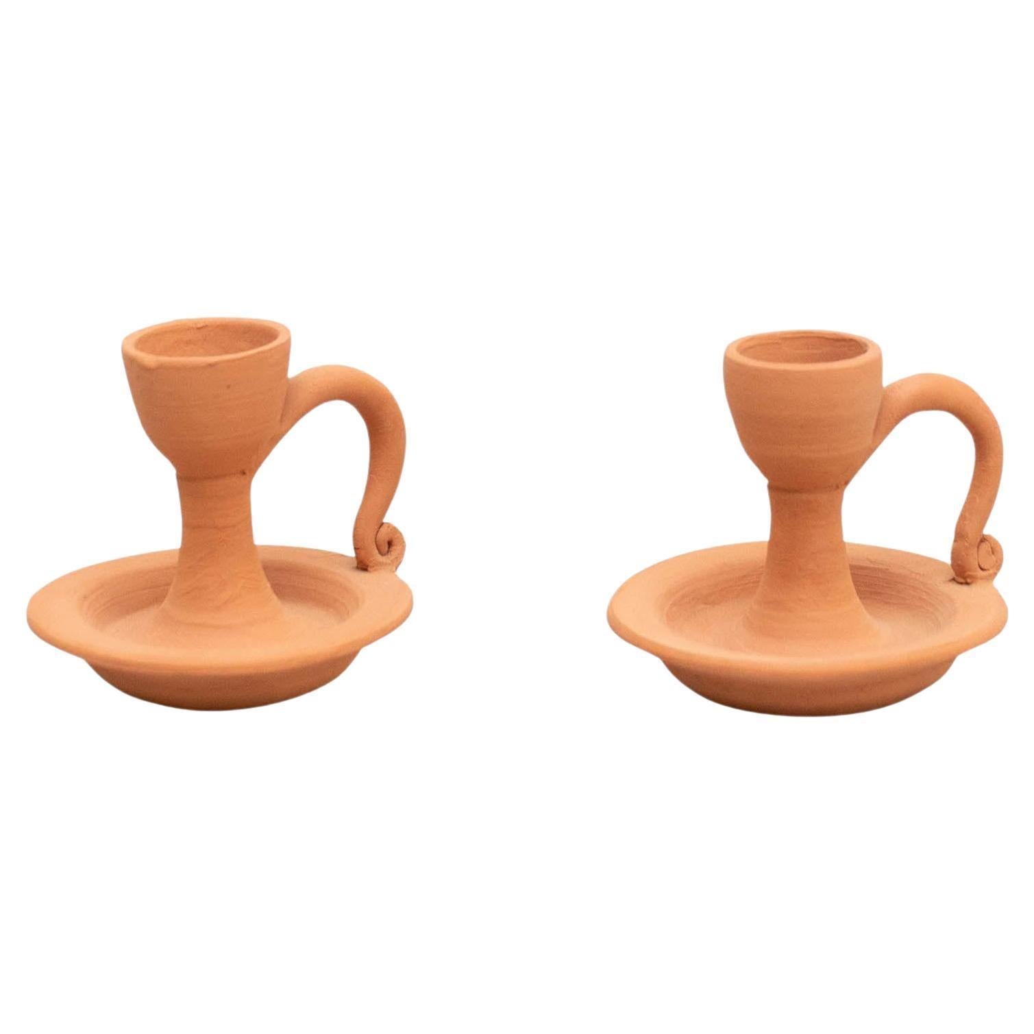 Set of Two Rustic Earthenware Candle Holders, Spain, circa 1960 For Sale 8