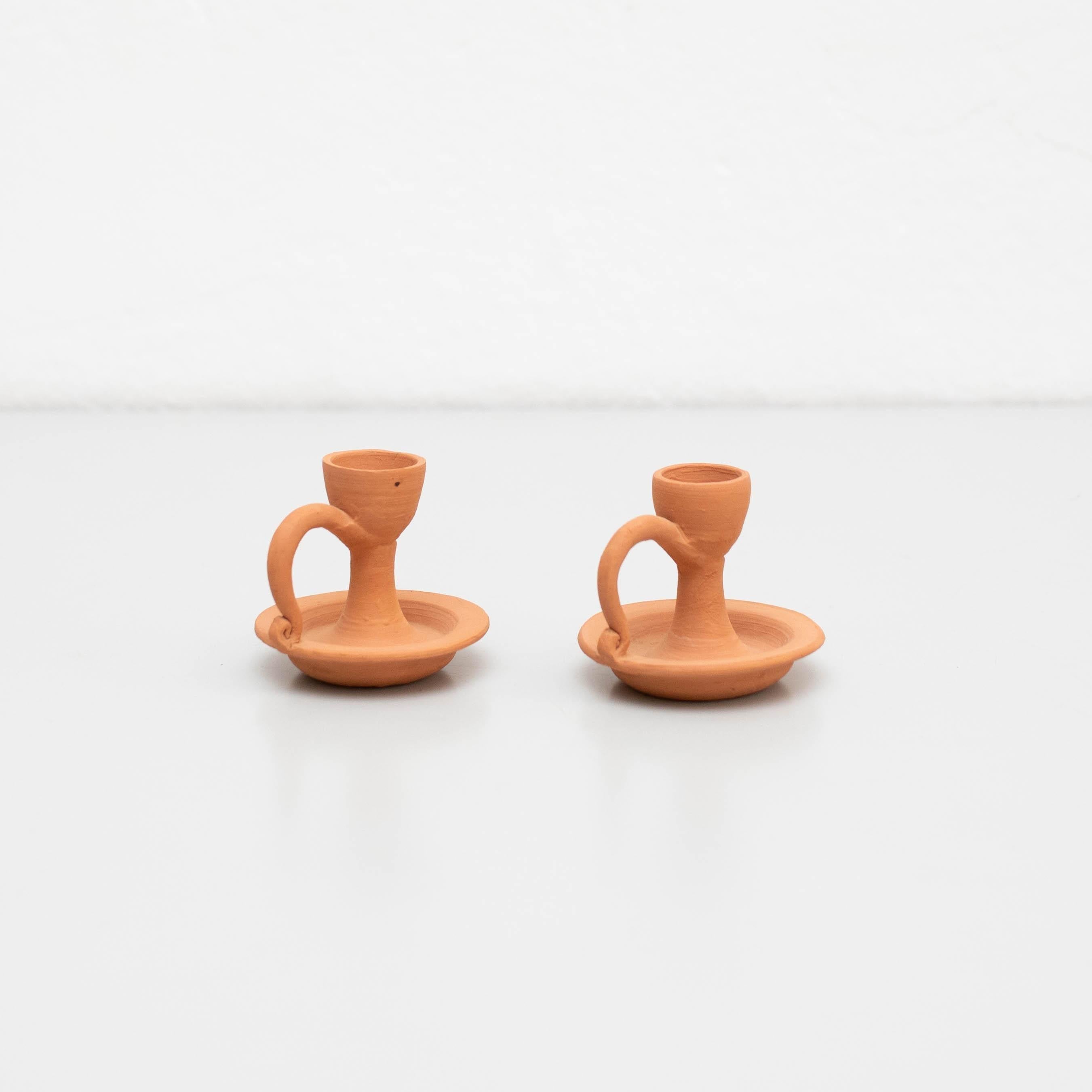 Spanish Set of Two Rustic Earthenware Candle Holders, Spain, circa 1960 For Sale