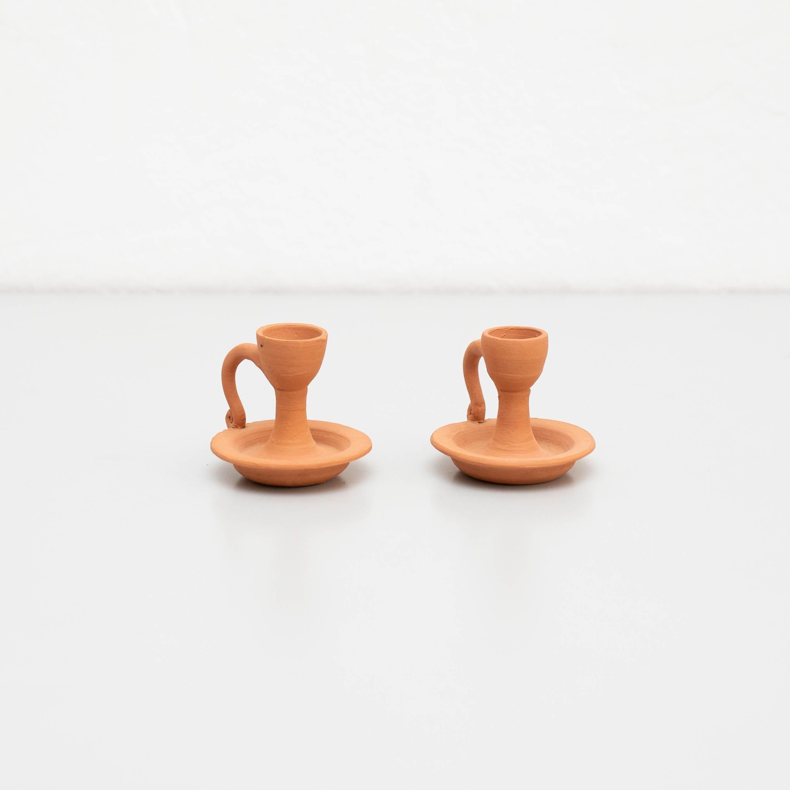 Mid-20th Century Set of Two Rustic Earthenware Candle Holders, Spain, circa 1960 For Sale