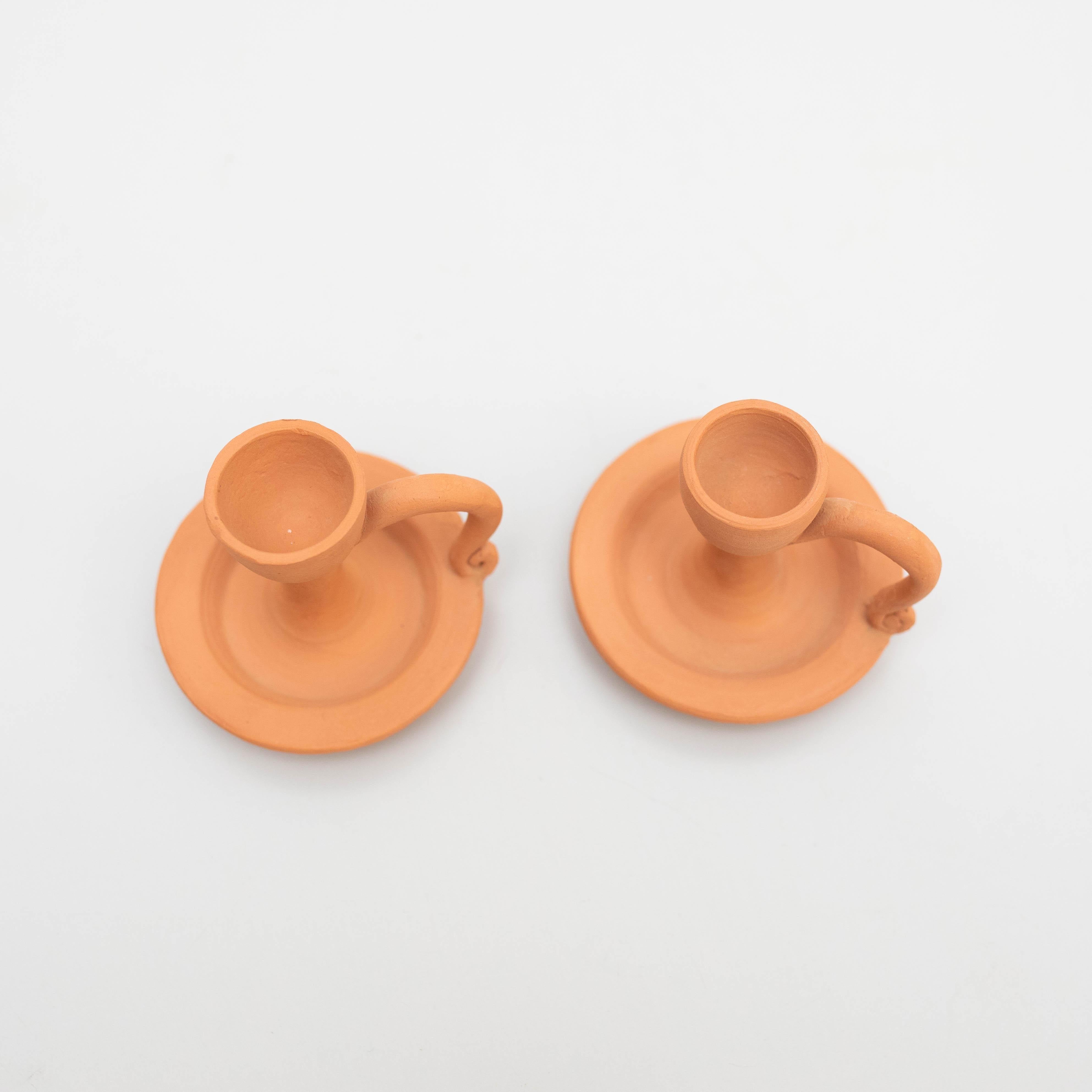 Set of Two Rustic Earthenware Candle Holders, Spain, circa 1960 For Sale 2