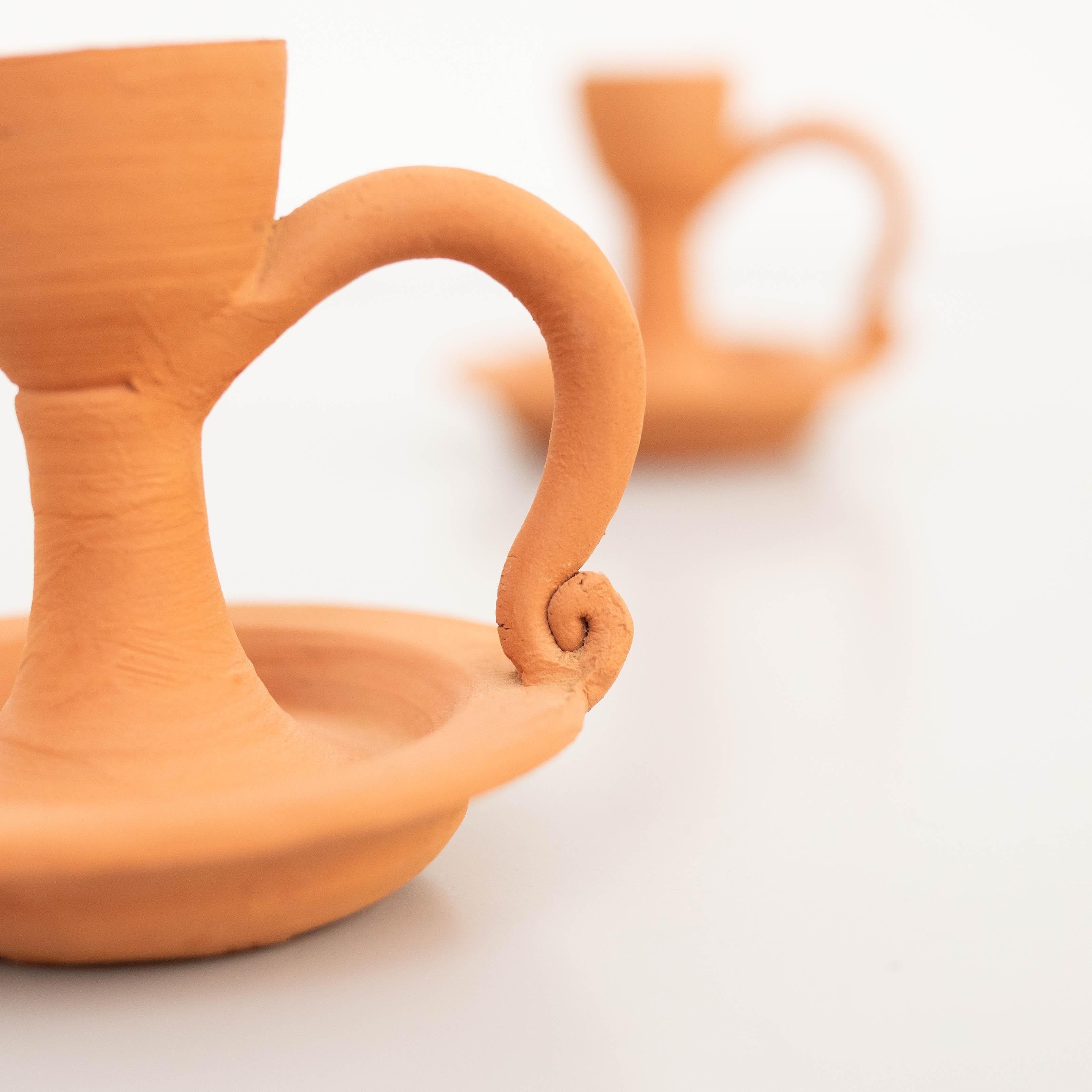 Set of Two Rustic Earthenware Candle Holders, Spain, circa 1960 For Sale 3