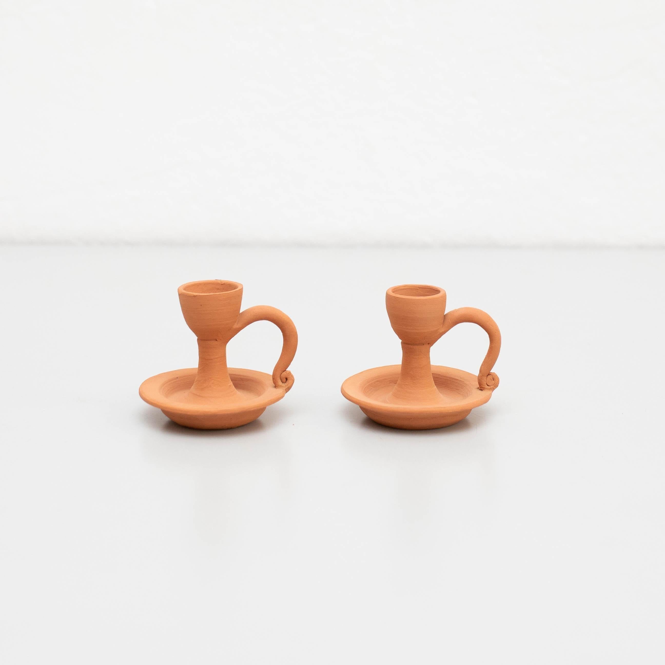 Set of Two Rustic Earthenware Candle Holders, Spain, circa 1960 For Sale 4