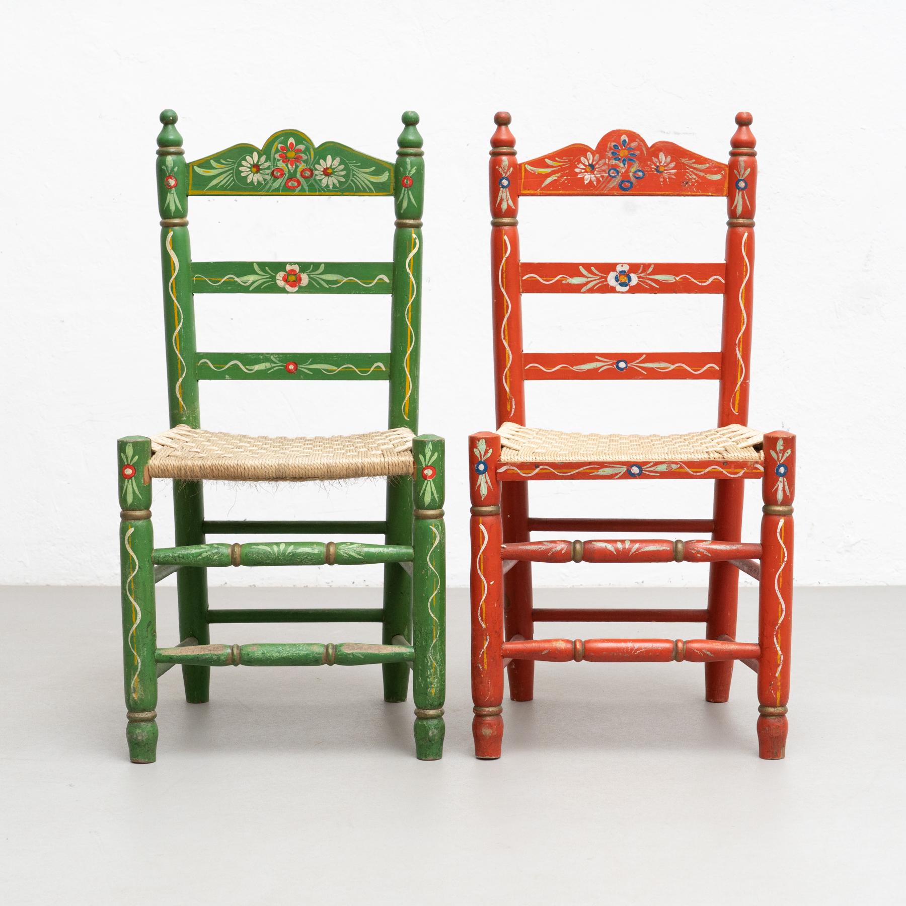 Set of Two Rustic Traditional Hand-Painted Wood Chairs, circa 1940 5