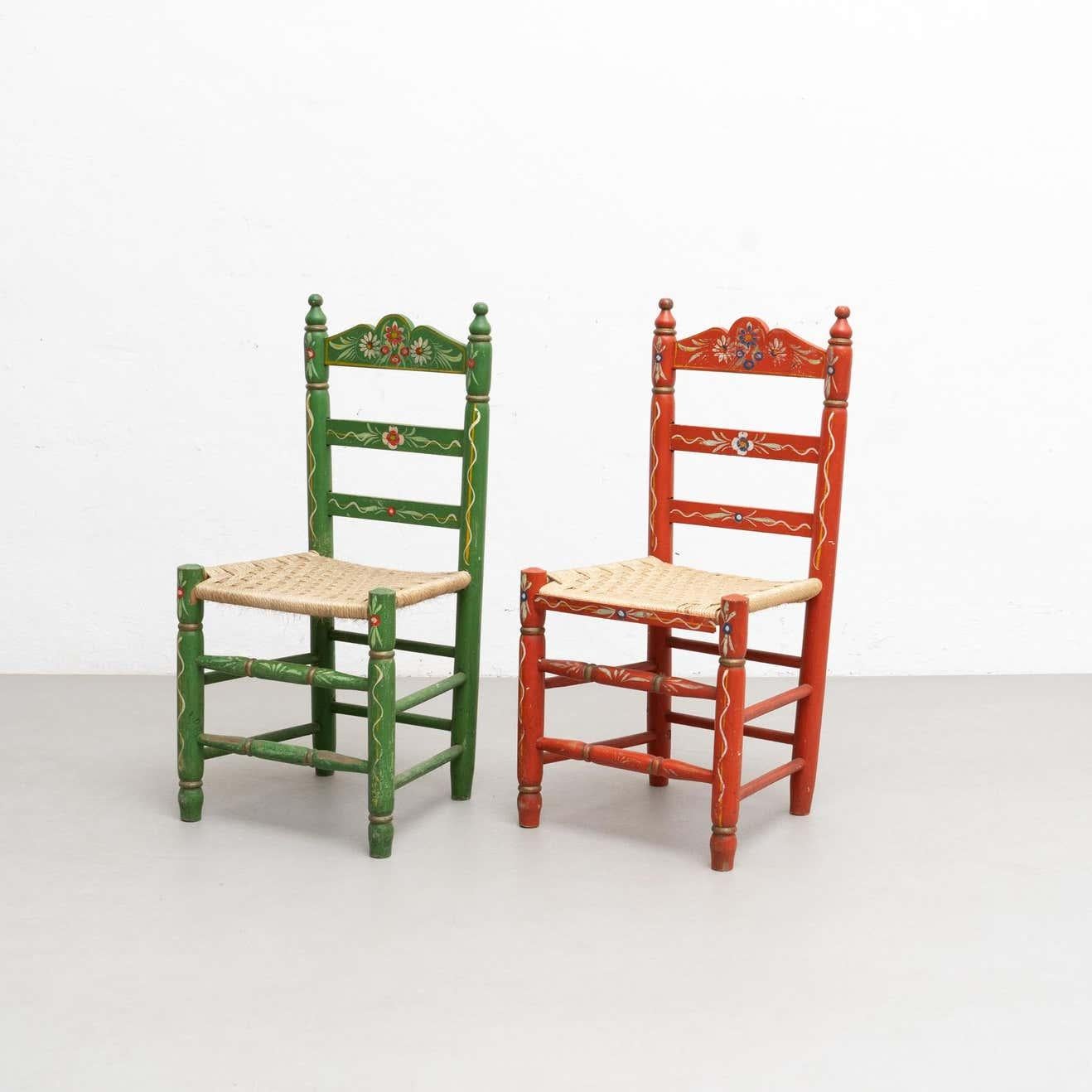 Set of Two Rustic Traditional Hand-Painted Wood Chairs, circa 1940 11