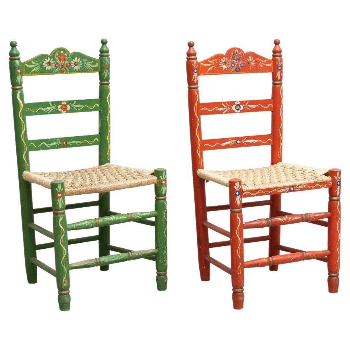 Set of Two Rustic Traditional Hand Painted Wood Chairs, circa 1940 For Sale 14