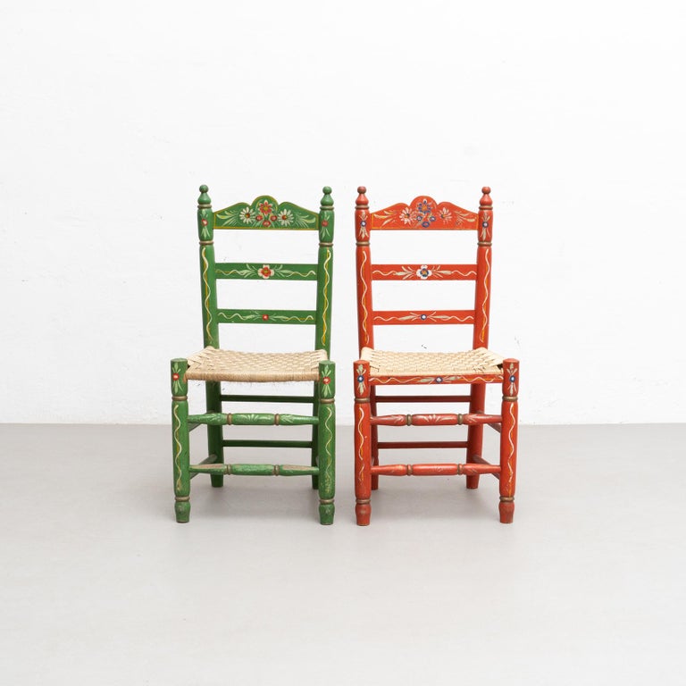 Set of Two Rustic Traditional HandPainted Wood Chairs, circa 1940 For Sale at 1stDibs
