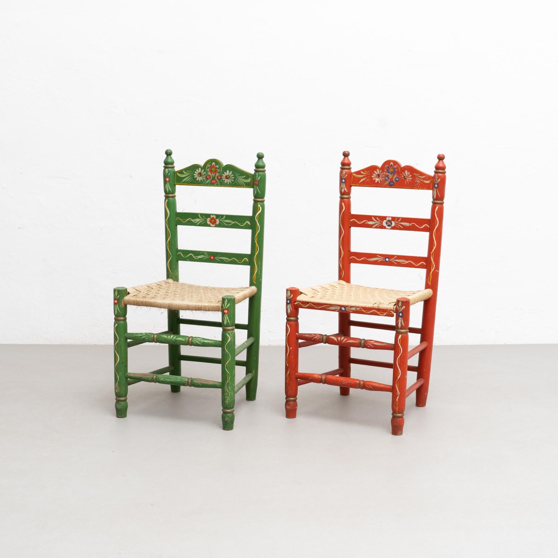 Spanish Set of Two Rustic Traditional Hand-Painted Wood Chairs, circa 1940