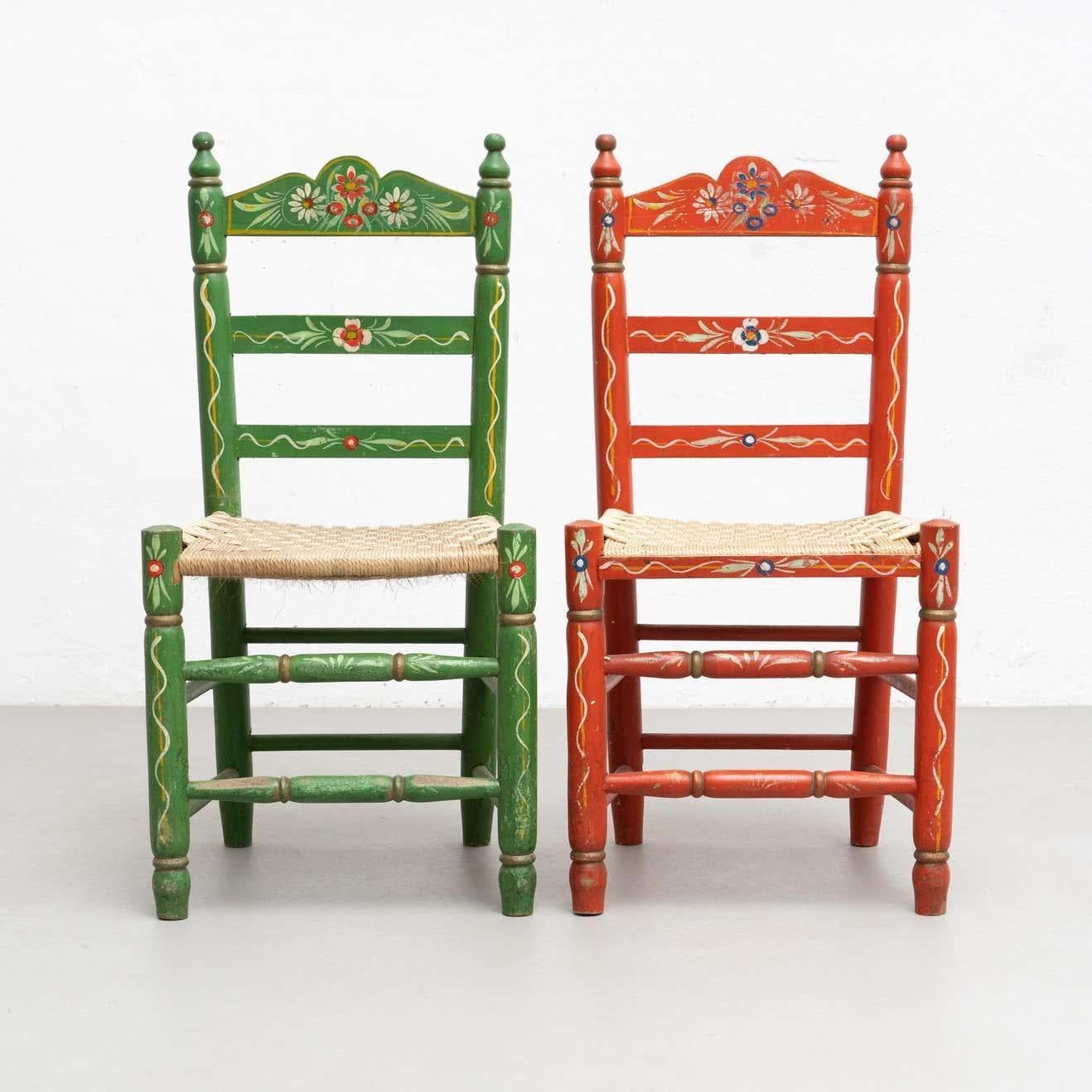 Spanish Set of Two Rustic Traditional Hand Painted Wood Chairs, circa 1940 For Sale