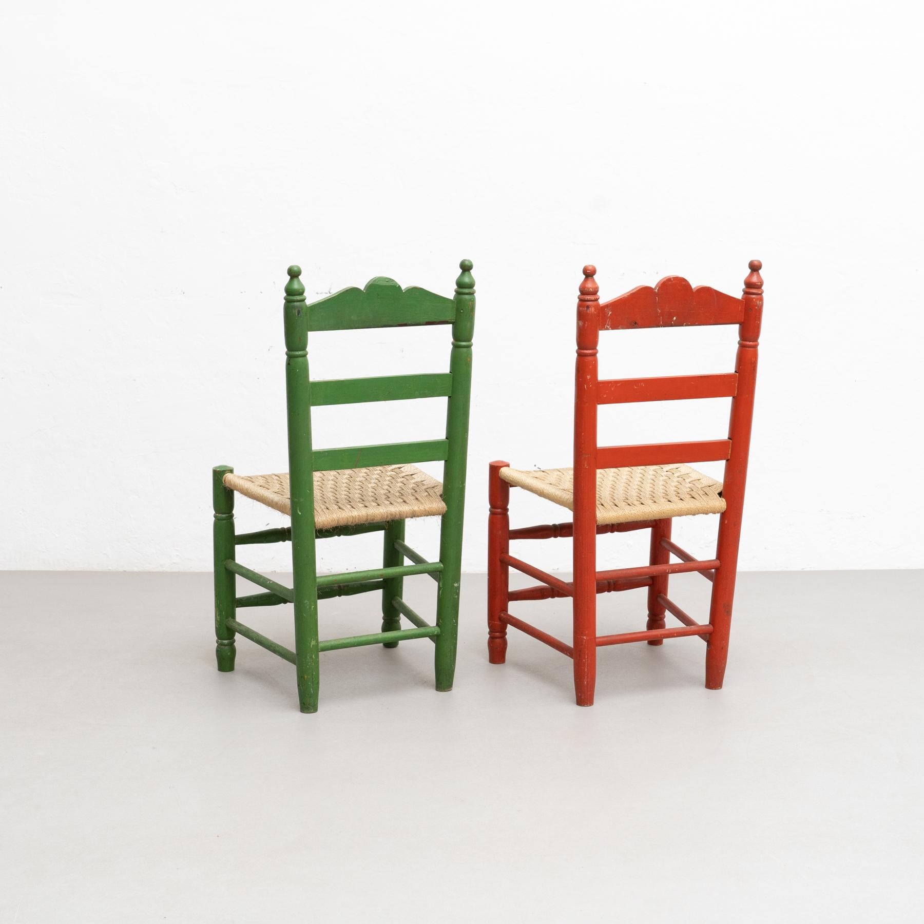 Mid-20th Century Set of Two Rustic Traditional Hand-Painted Wood Chairs, circa 1940