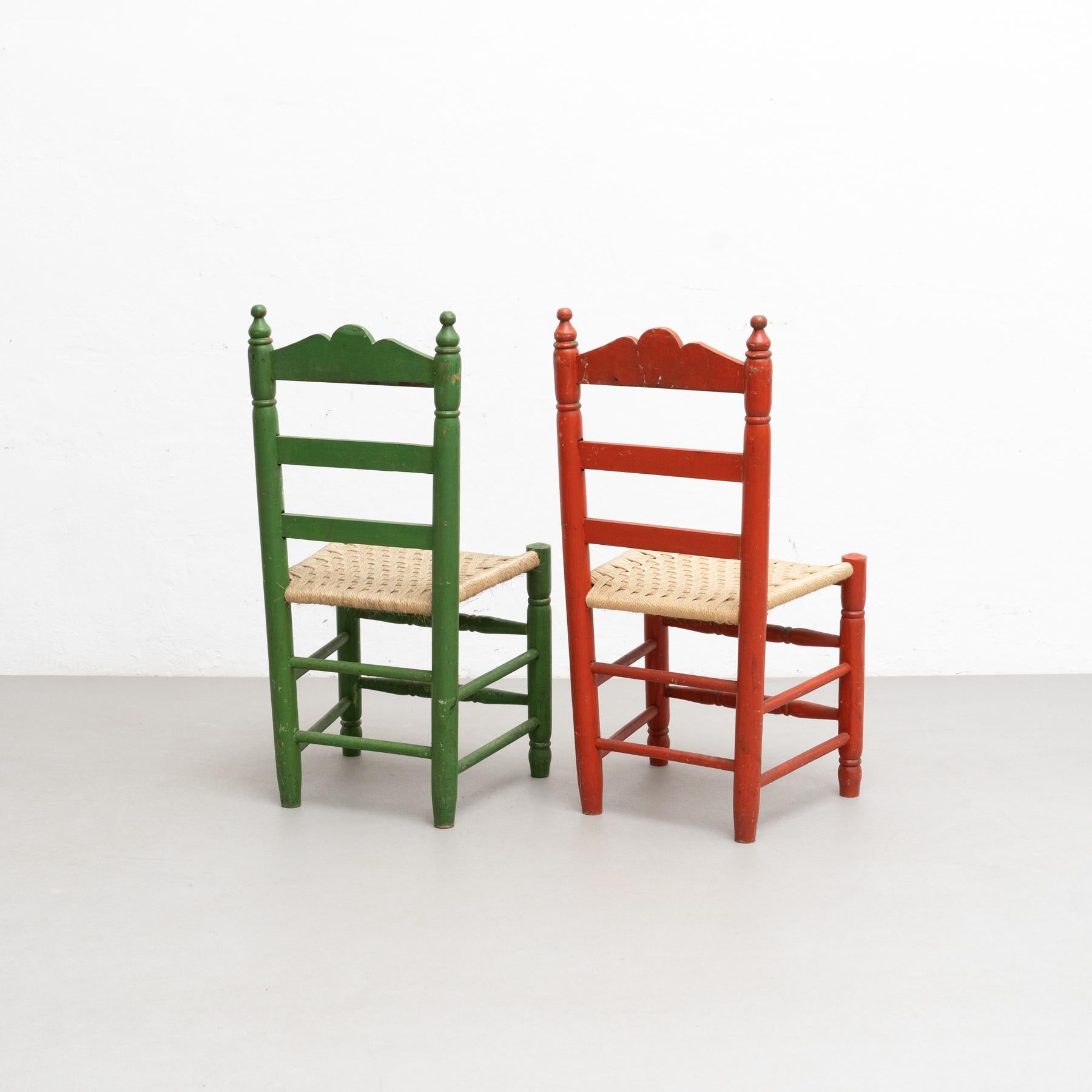 Set of Two Rustic Traditional Hand-Painted Wood Chairs, circa 1940 2