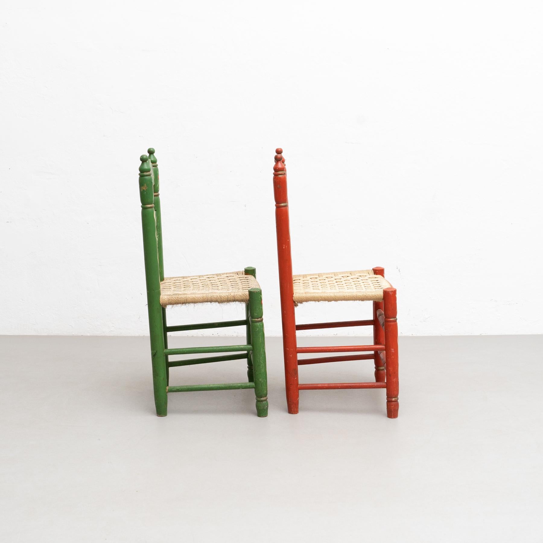 Set of Two Rustic Traditional Hand-Painted Wood Chairs, circa 1940 3