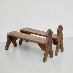 Set of Two Rustic Traditional Wood Stool for Fireplace Tools, circa 1920