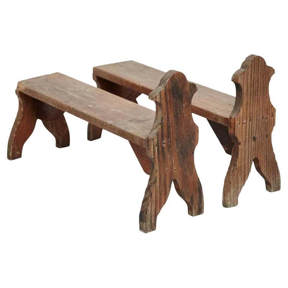 Set of Two Rustic Traditional Wood Stool for Fireplace Tools, circa 1920 For Sale 3