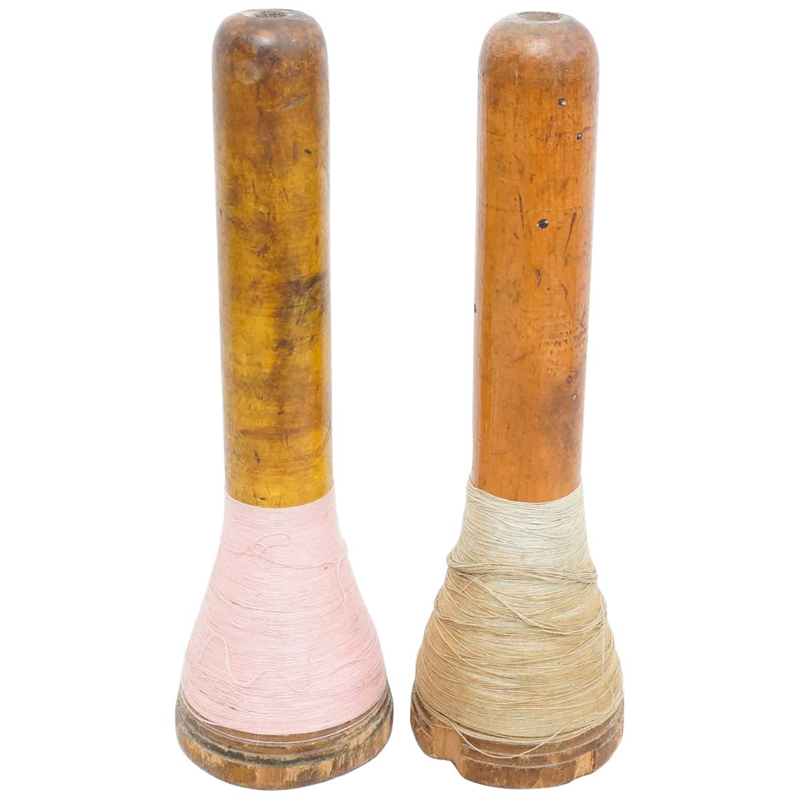 Set of Two Rustic Wooden Spools of Thread, circa 1930