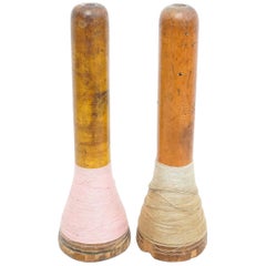 Set of Two Rustic Wooden Spools of Thread, circa 1930