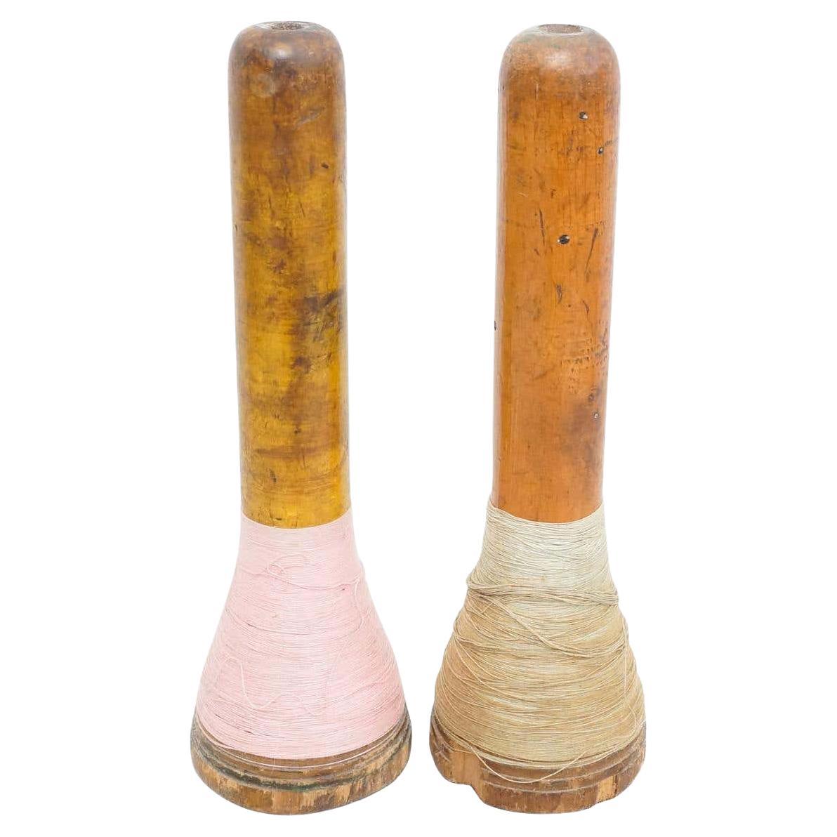 Set of Two Rustic Wooden Spools of Thread, circa 1930 For Sale
