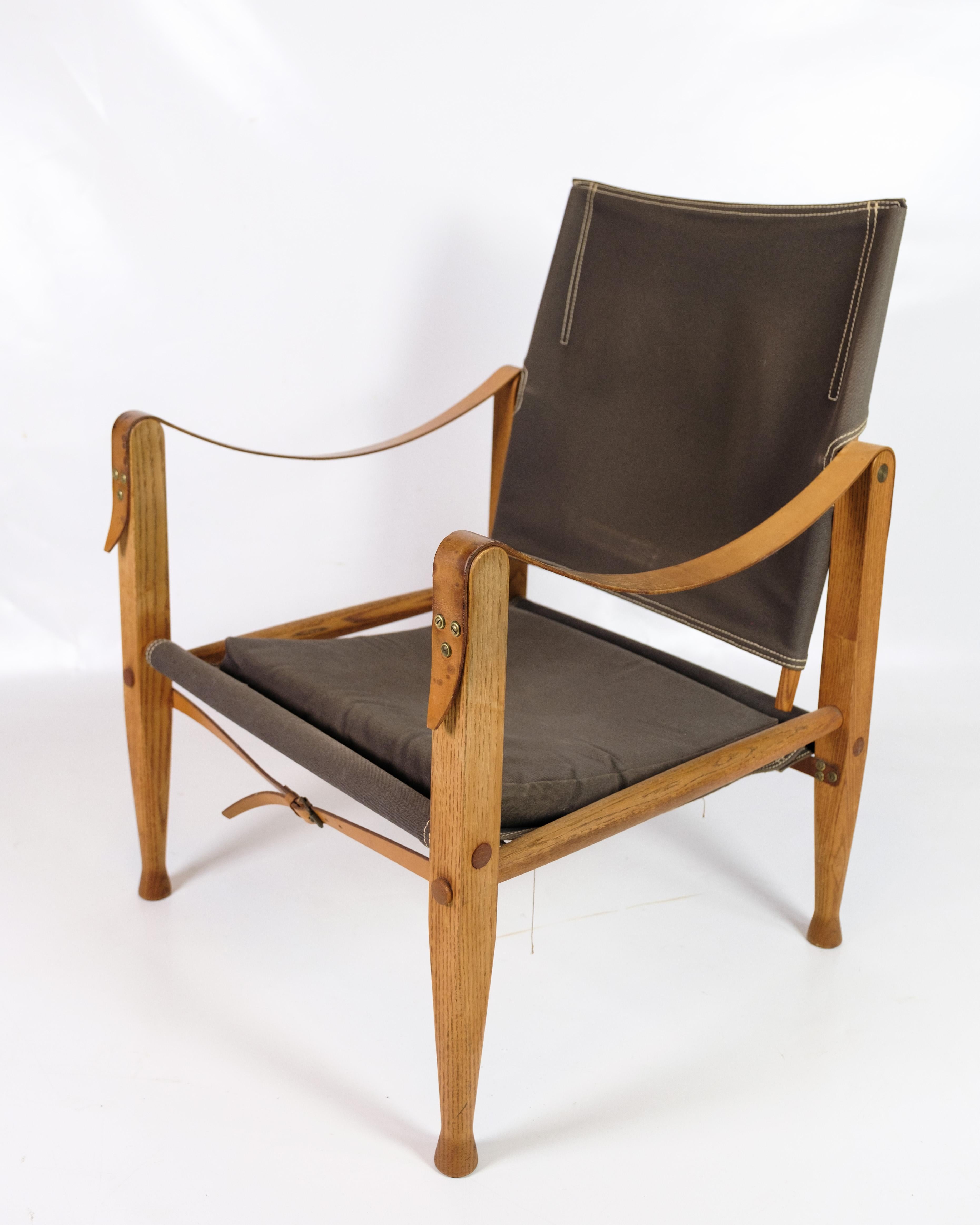 Danish Set Of Two Safari Armchairs Made In Ash & Brown Canvas By Kaare Klint