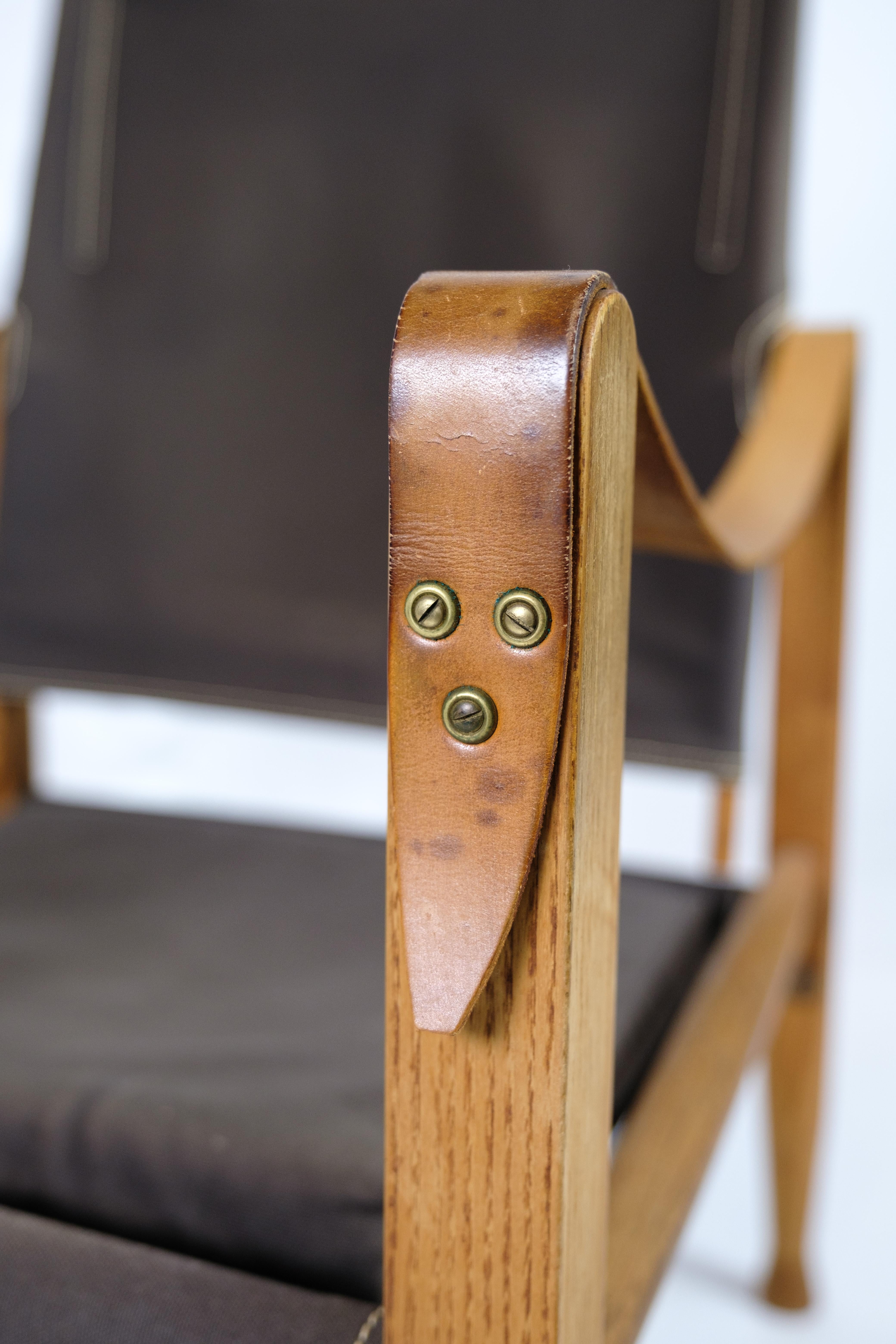 Set Of Two Safari Armchairs Made In Ash & Brown Canvas By Kaare Klint 1