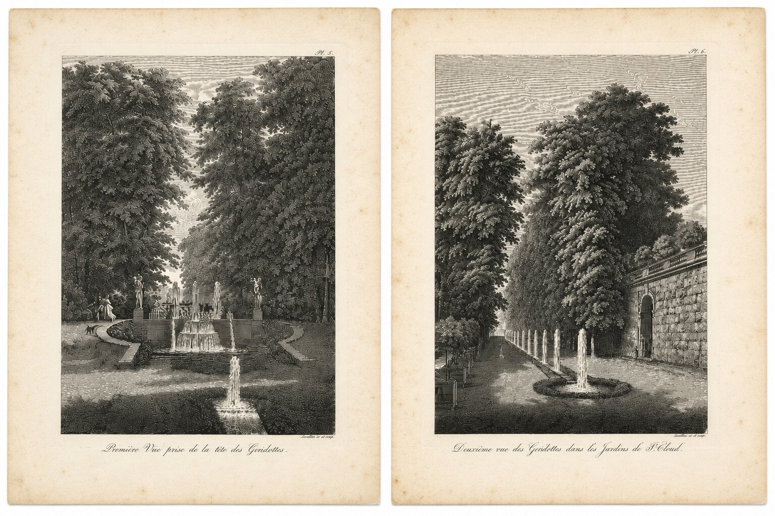 Set di due incisioni della fontana del giardino di Saint-Cloud, opera di Baltard, Parigi, 1803