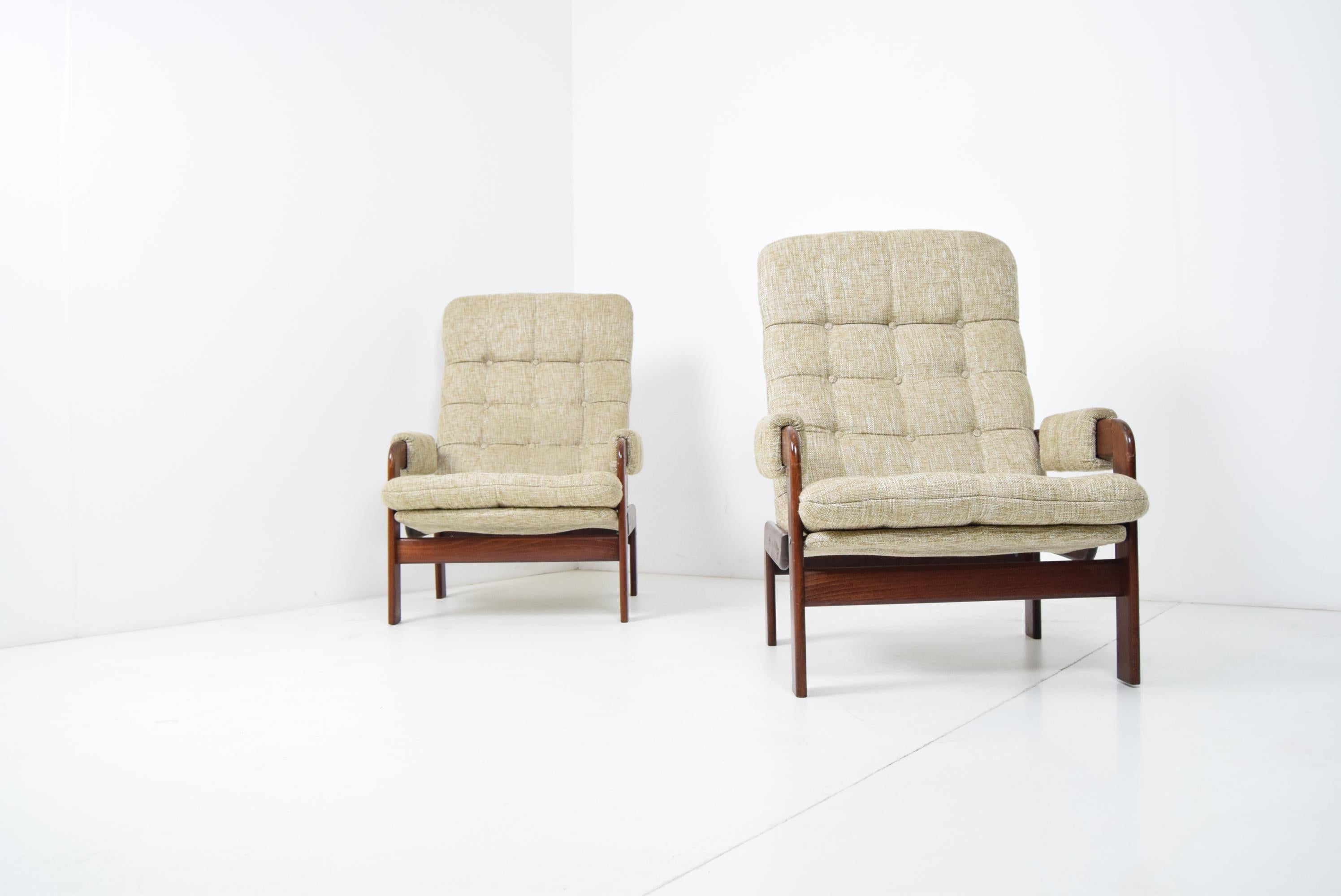 Lacquered Set of Two Scandinavian Oak Armchairs, 1970s