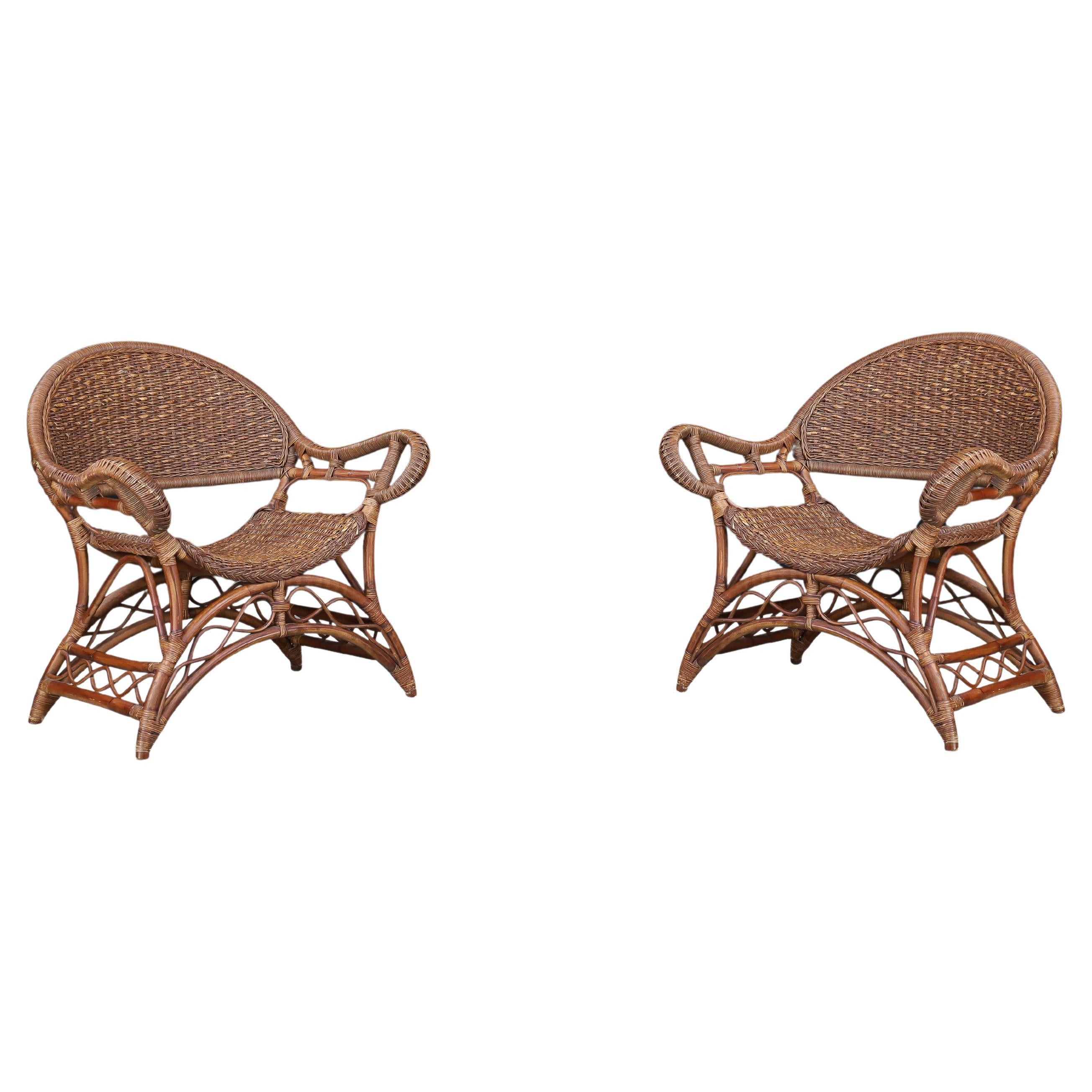 Set of Two Sculptural Rattan and Bamboo Lounge Chairs, Spain, 1960s For Sale
