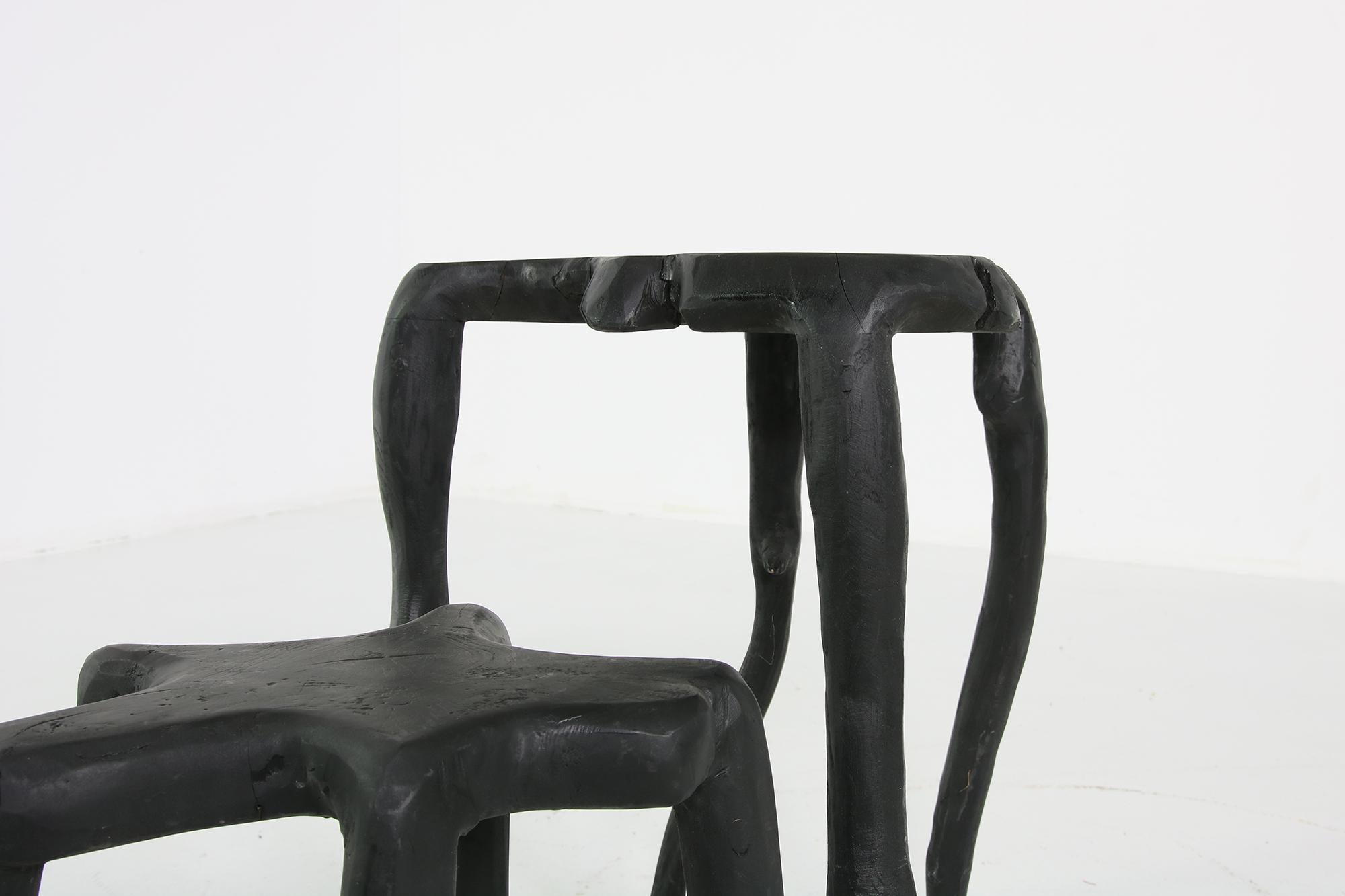 Modern Set of Two Sculptural Wooden Side Tables in Black, Root Wood, Nesting Tables