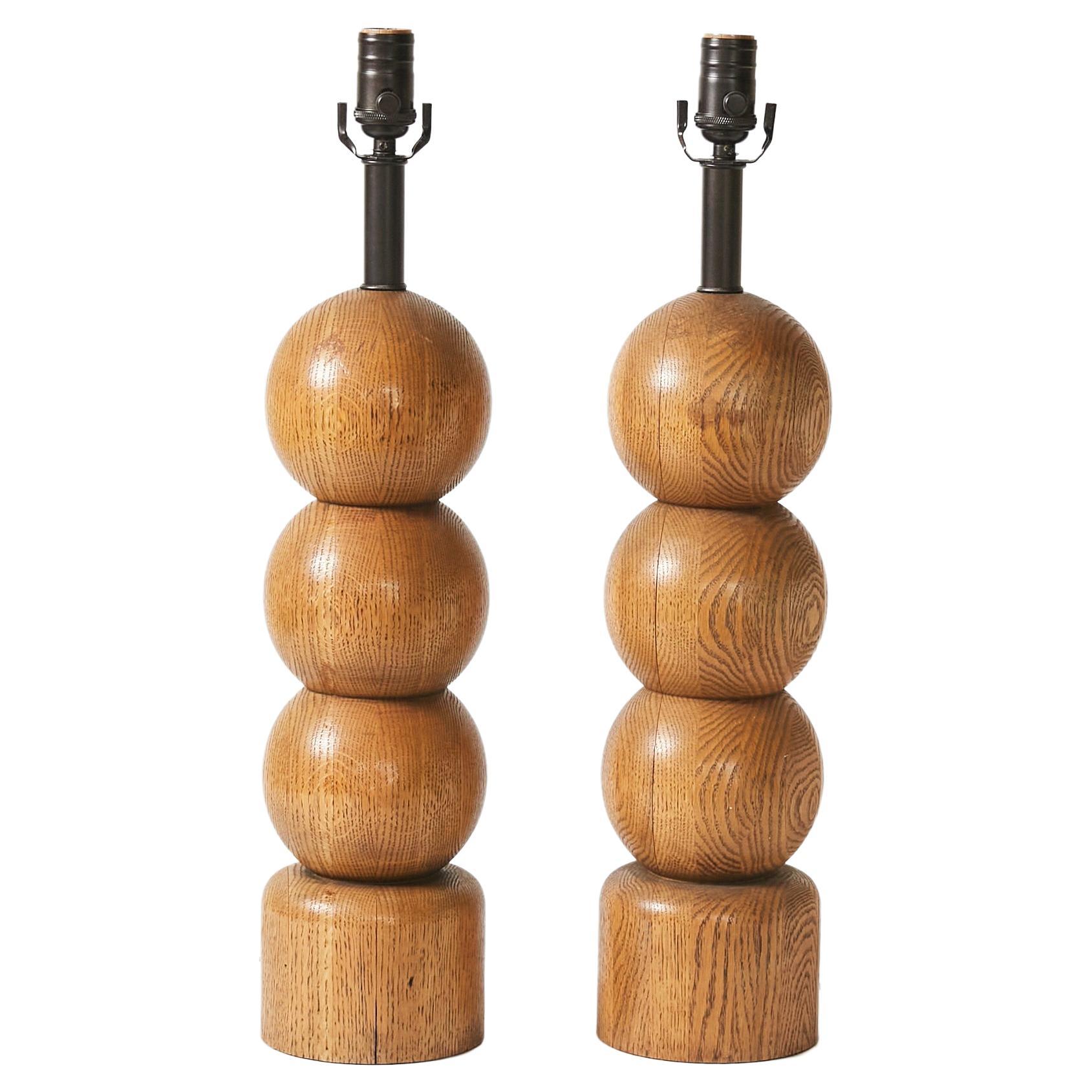 Set of Two Sculptural Wooden Spheres Table Lamps