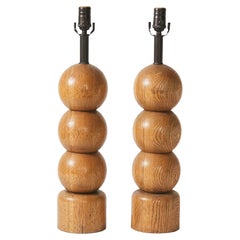 Set of Two Sculptural Wooden Spheres Table Lamps
