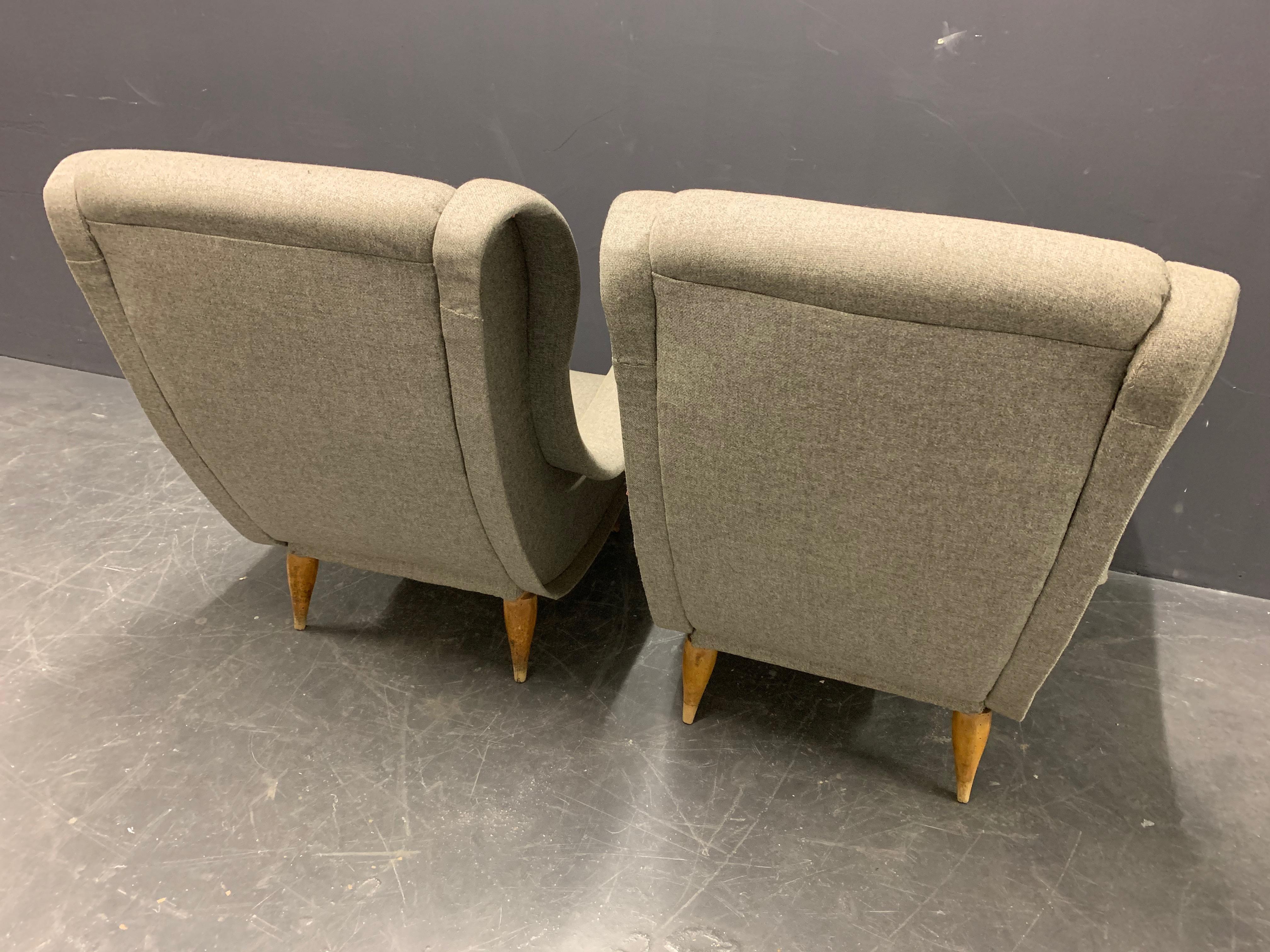 Mid-20th Century Set of Two Senior Lounge Chairs, Very Rare Wooden Leg Version