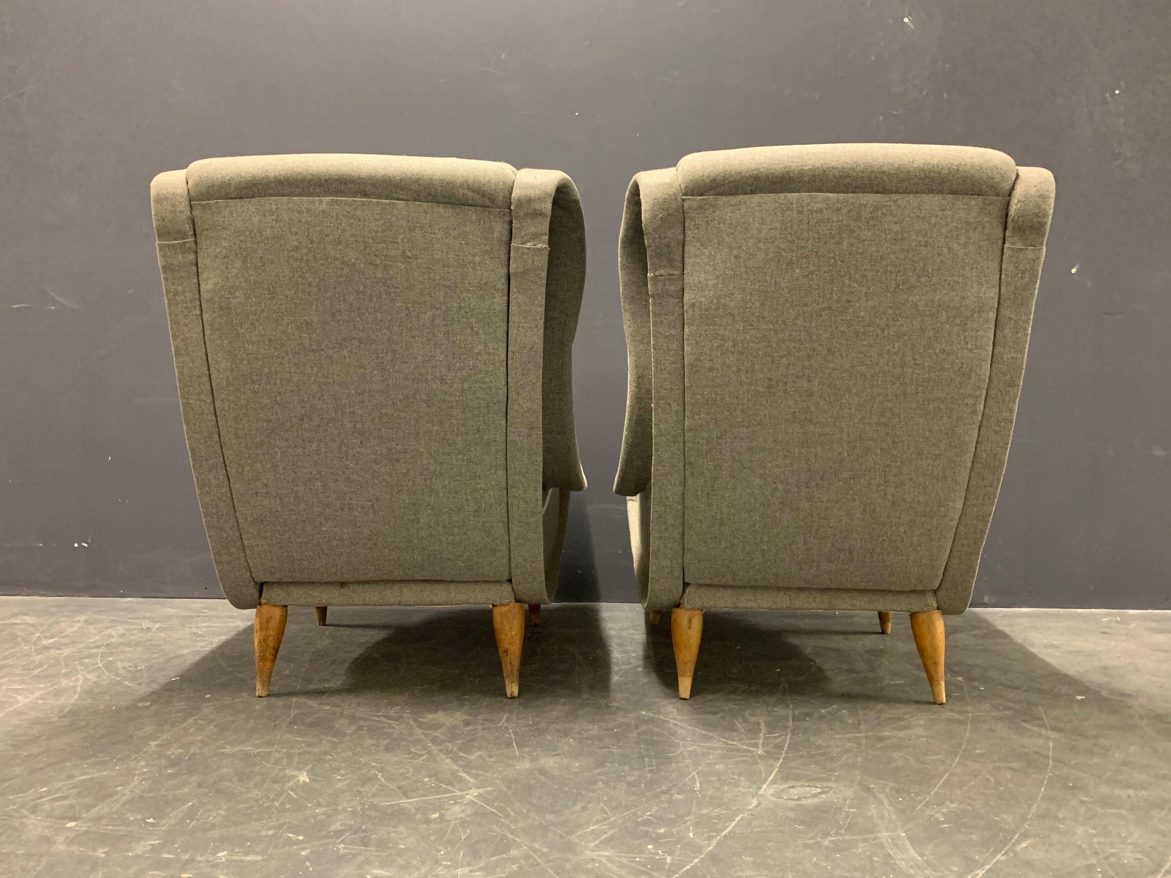 Fabric Set of Two Senior Lounge Chairs, Very Rare Wooden Leg Version